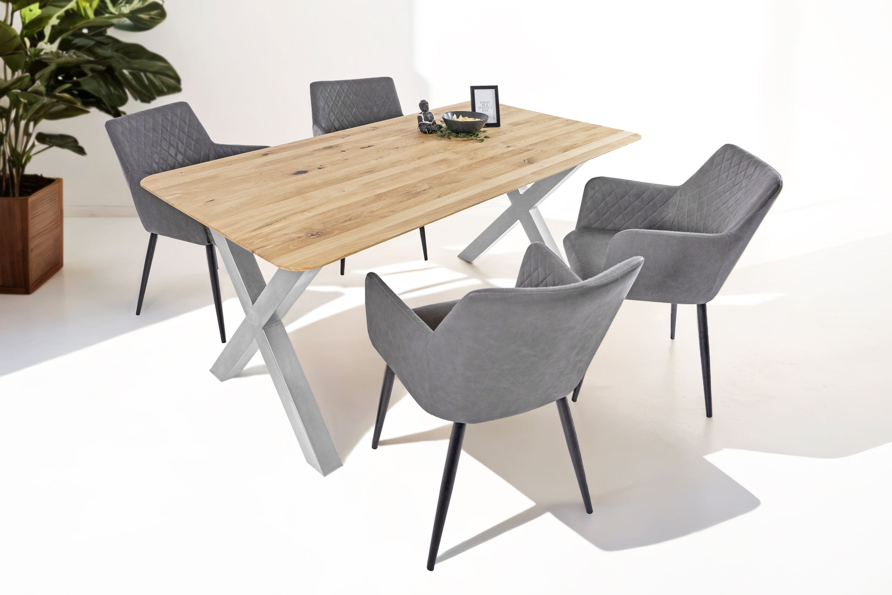 Esszimmertisch Schweizer Kante rund massiv & geölt Eiche 200x100 silber X-Gestell Lotte