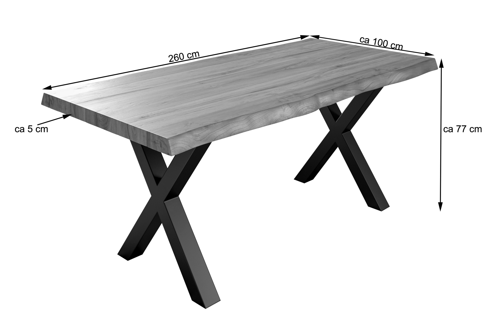  Esstisch Baumkante massiv Akazie natur 260 x 100 schwarz X-Gestell XEREZ