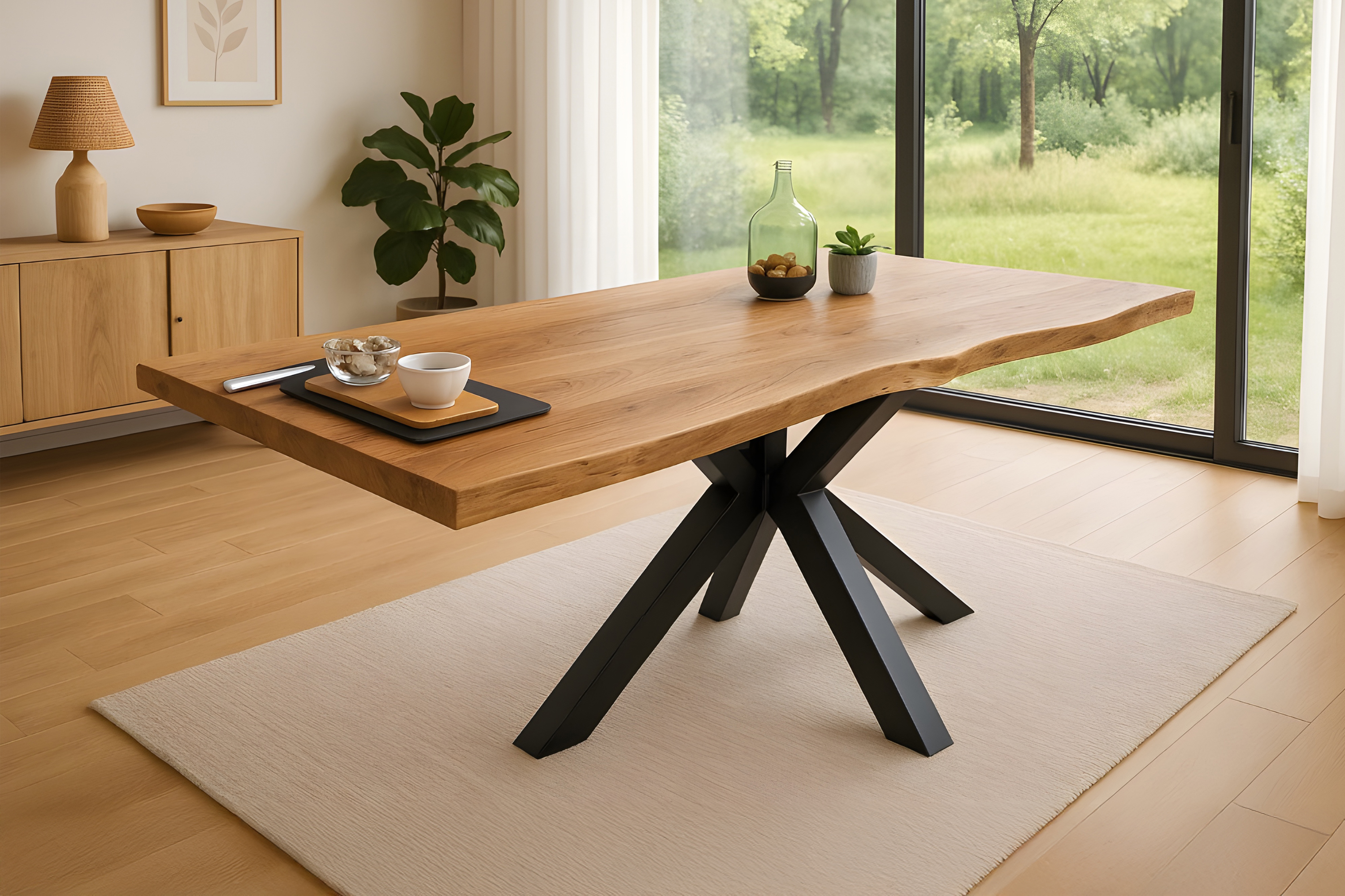Esstisch Baumkante massiv Akazie Natur 120 x 80 Spider-Gestell schwarz JIM
