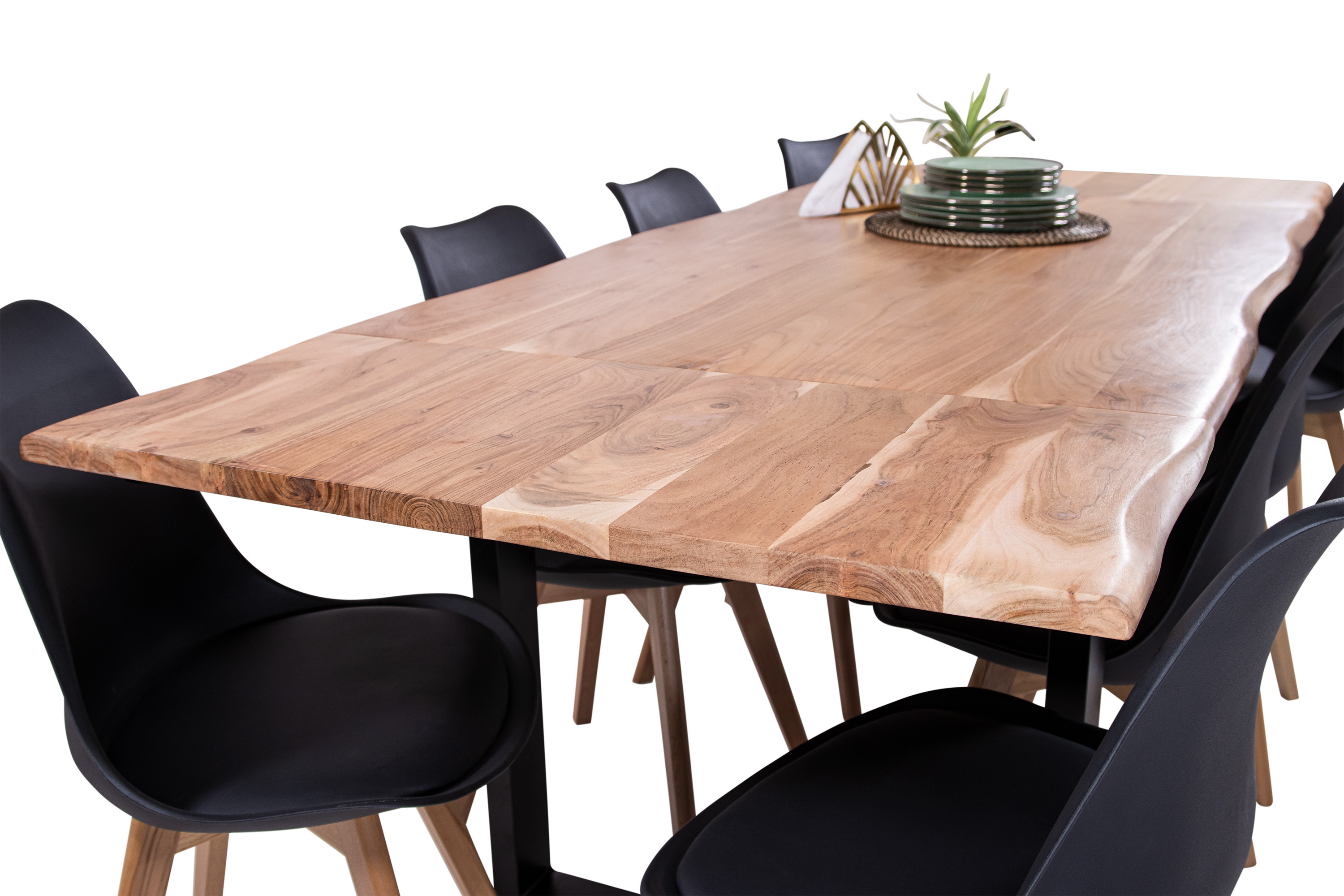 Esstisch Baumkante Akazie natur 140(220)x90 Ansteckplatten U-Gestell schwarz AVINO