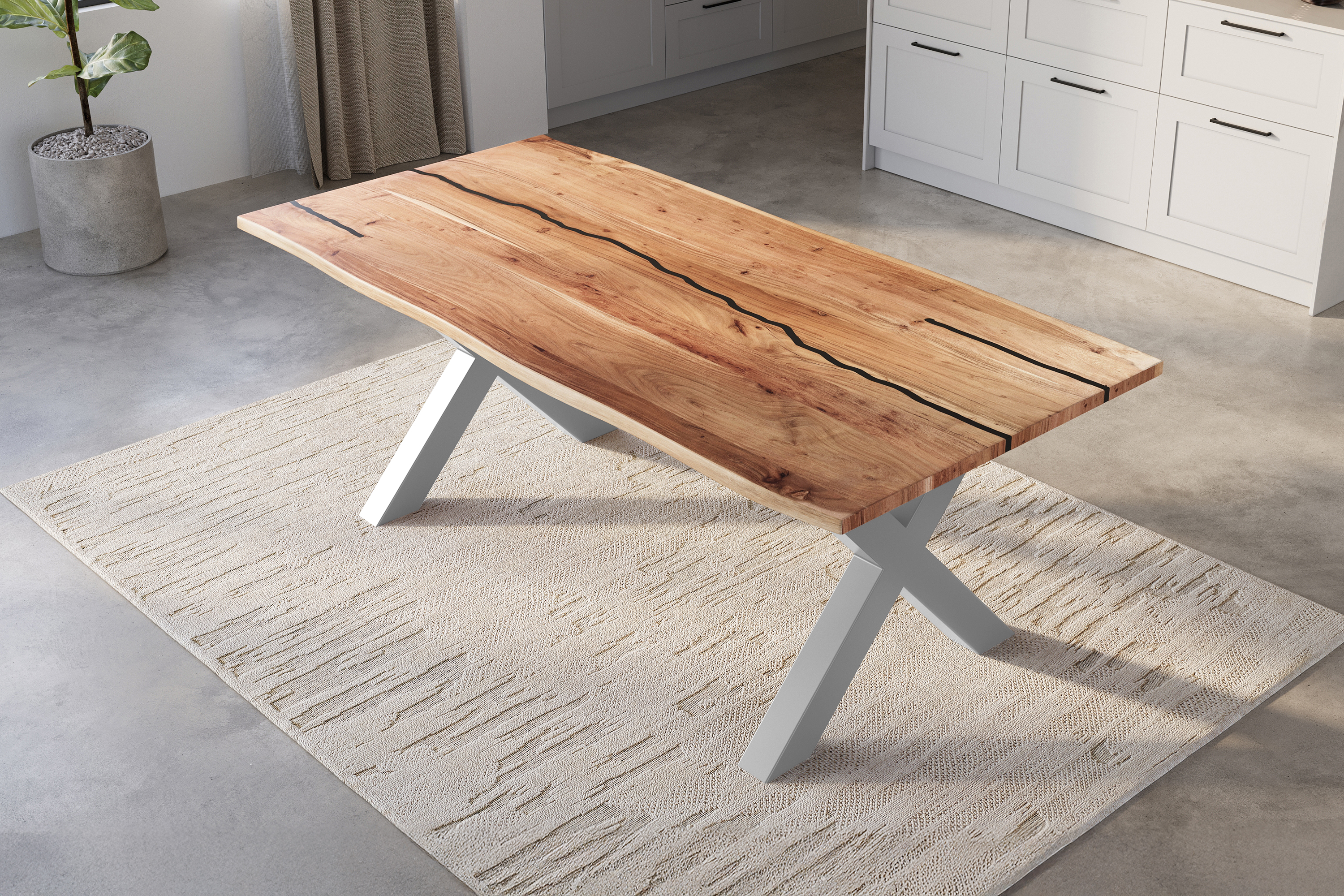 Baumkantentisch Akazie mit schwarzen Resin-Adern naturfarben 220 x 100 cm X-Gestell silber POLLY