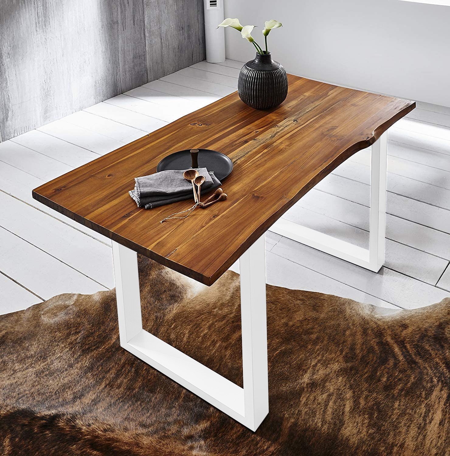 Esstisch Baumkante Massiv Akazie cognac 120 x 80 weiß Esra Esstisch Baumkante Massiv Akazie cognac 120 x 80 weiß Esra