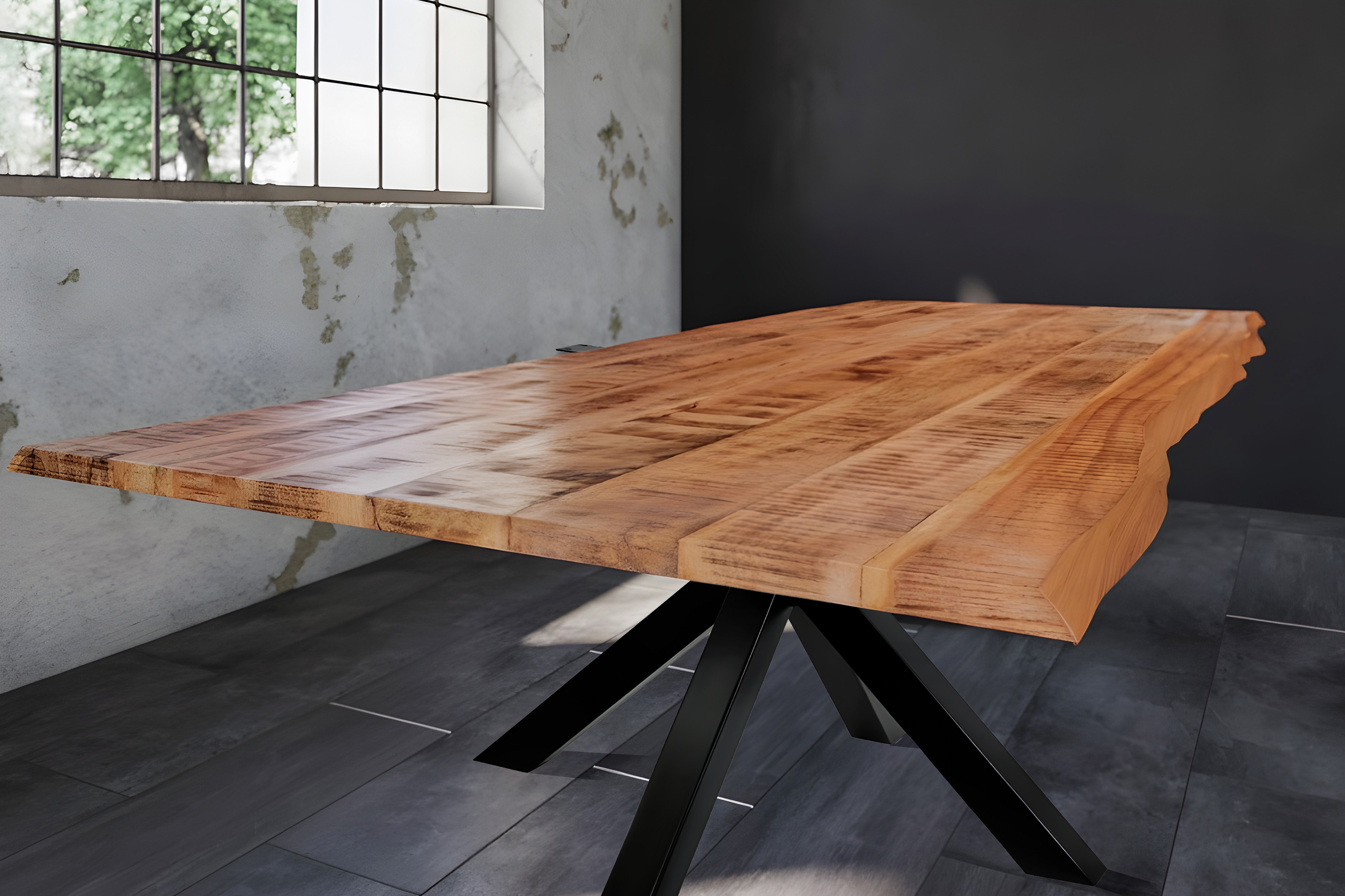 Esstisch Baumkante Massiv Mango naturfarben 280 x 100 schwarz Spider-Gestell DORA