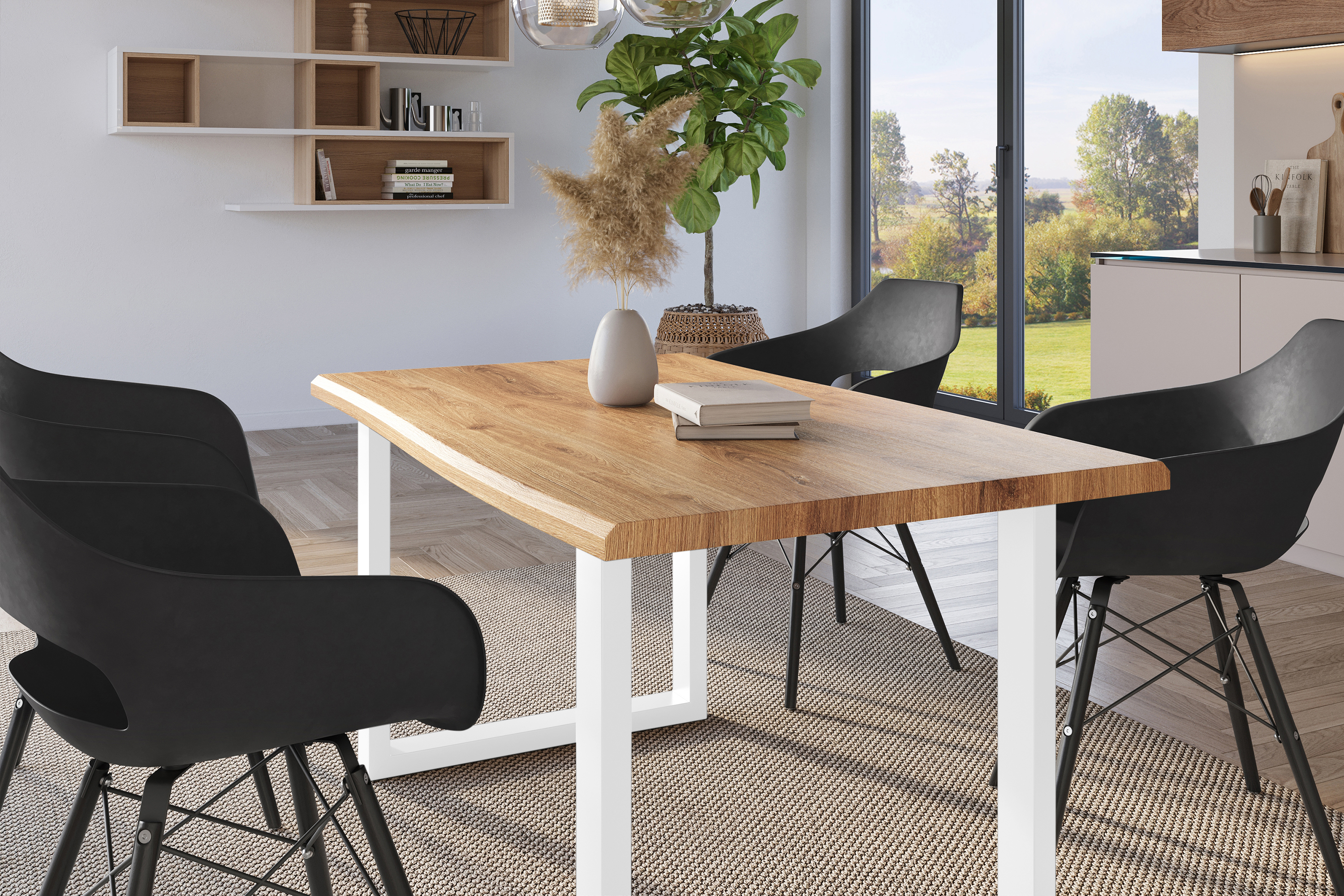 Esstisch Baumkante Holz-Optik Wildeiche 160 x 85 U-Gestell weiß JULIUS