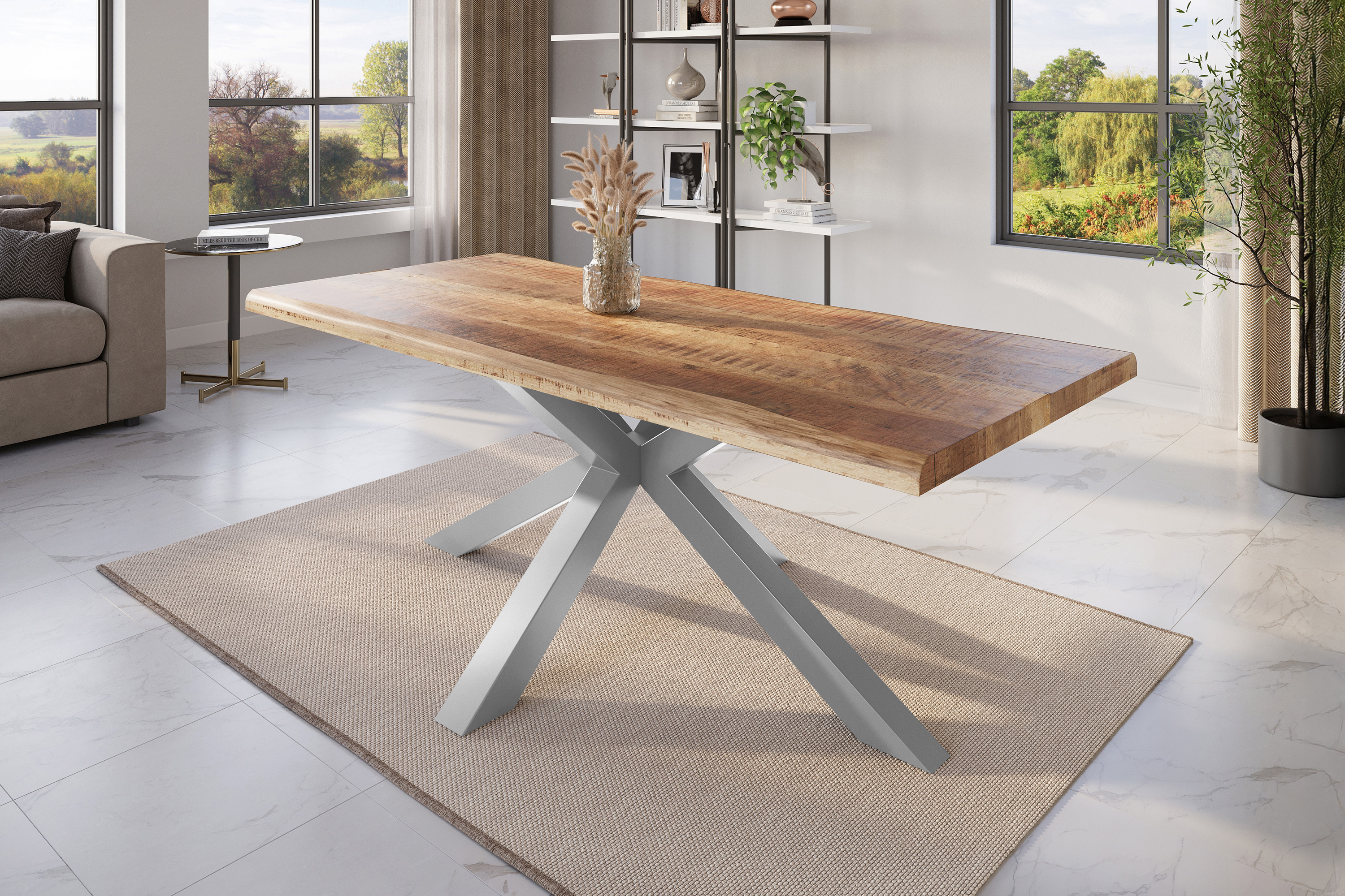 Esstisch Baumkante massiv Mango rough 200 x 100 Spider-Gestell silber ATLAS
