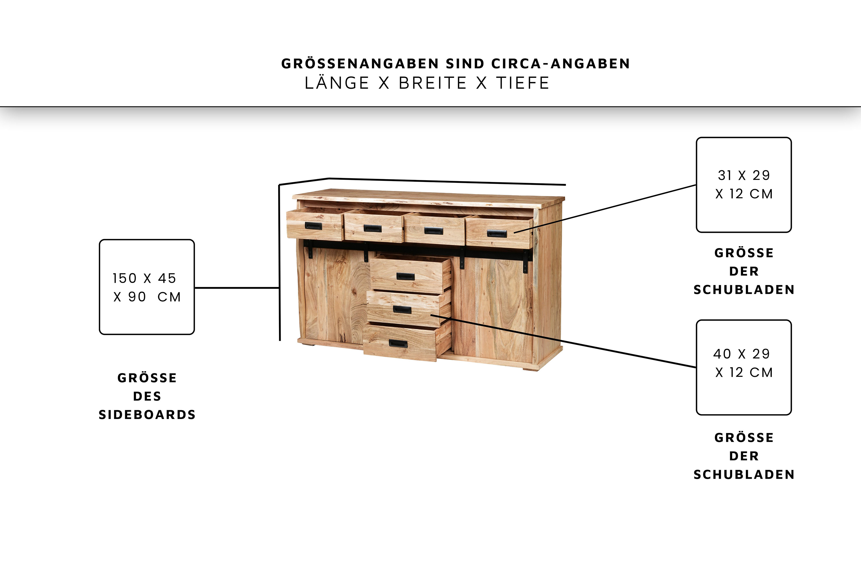 Sideboard Baumkante 150 x 45 x 90 cm Akazienholz massiv naturfarben LIAN II