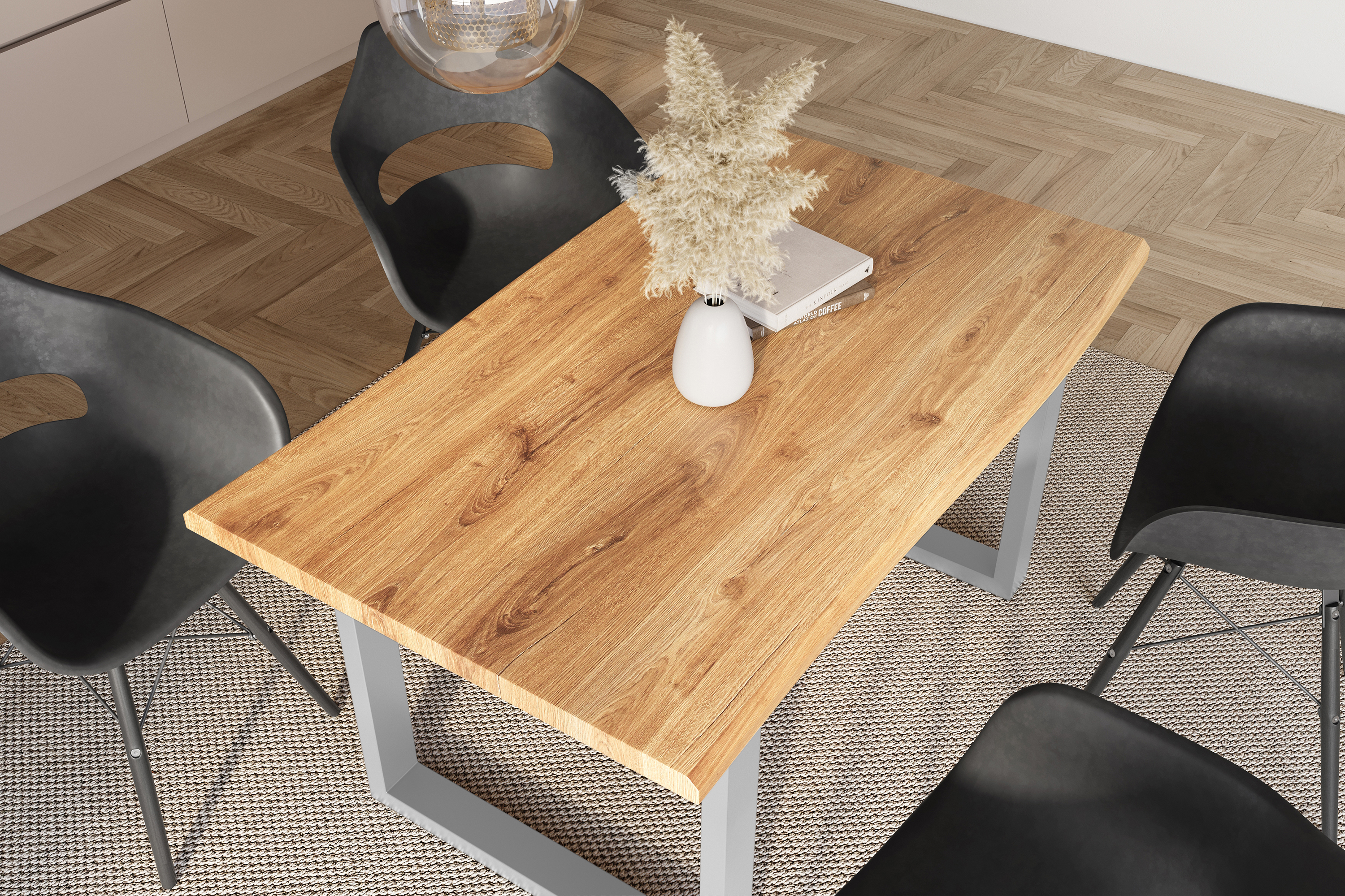 Esstisch Baumkante Holz-Optik Wildeiche 160 x 85 U-Gestell silber JULIUS