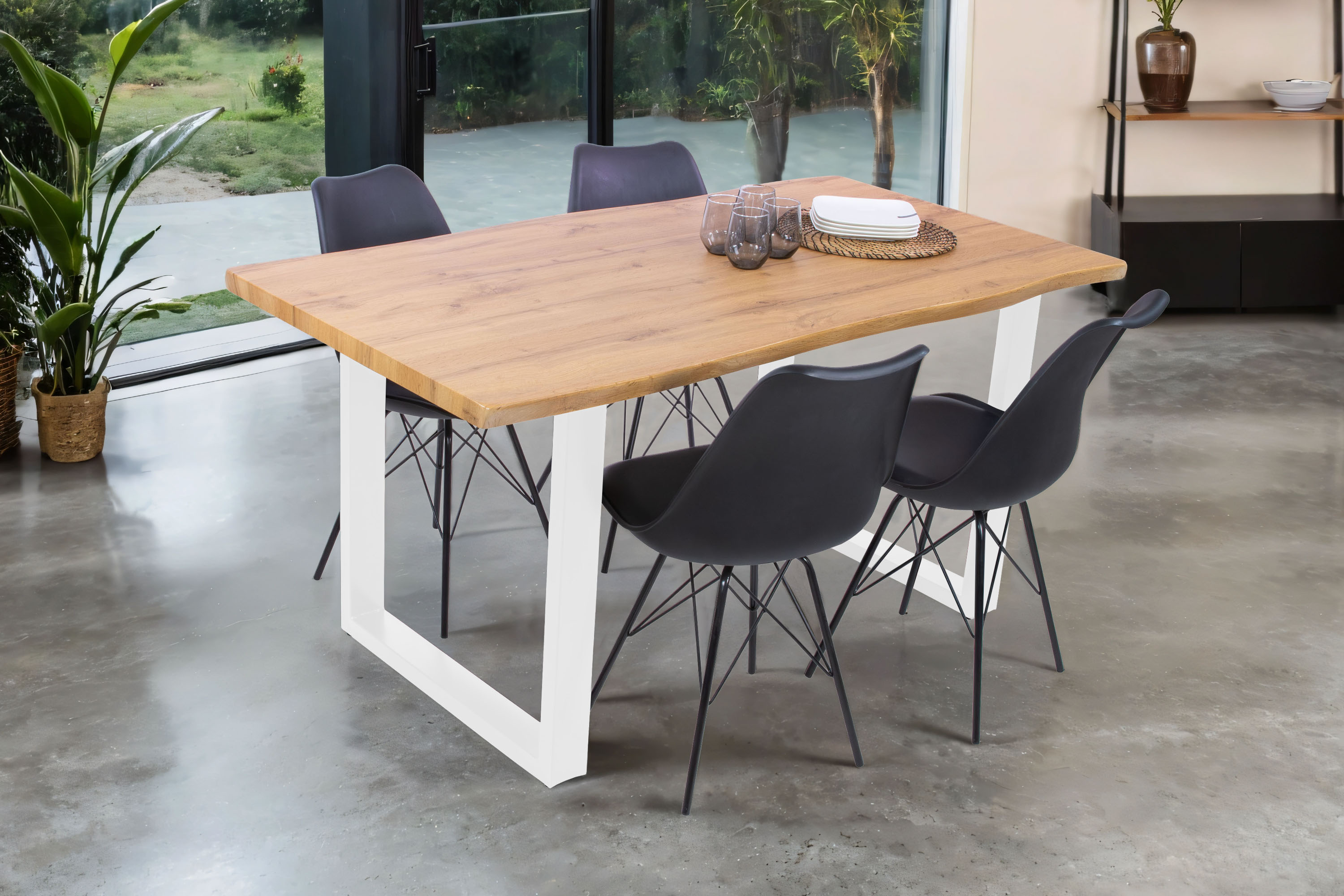 Esstisch Baumkante Holz-Optik Wildeiche 160 x 85 U-Gestell weiß JOSY