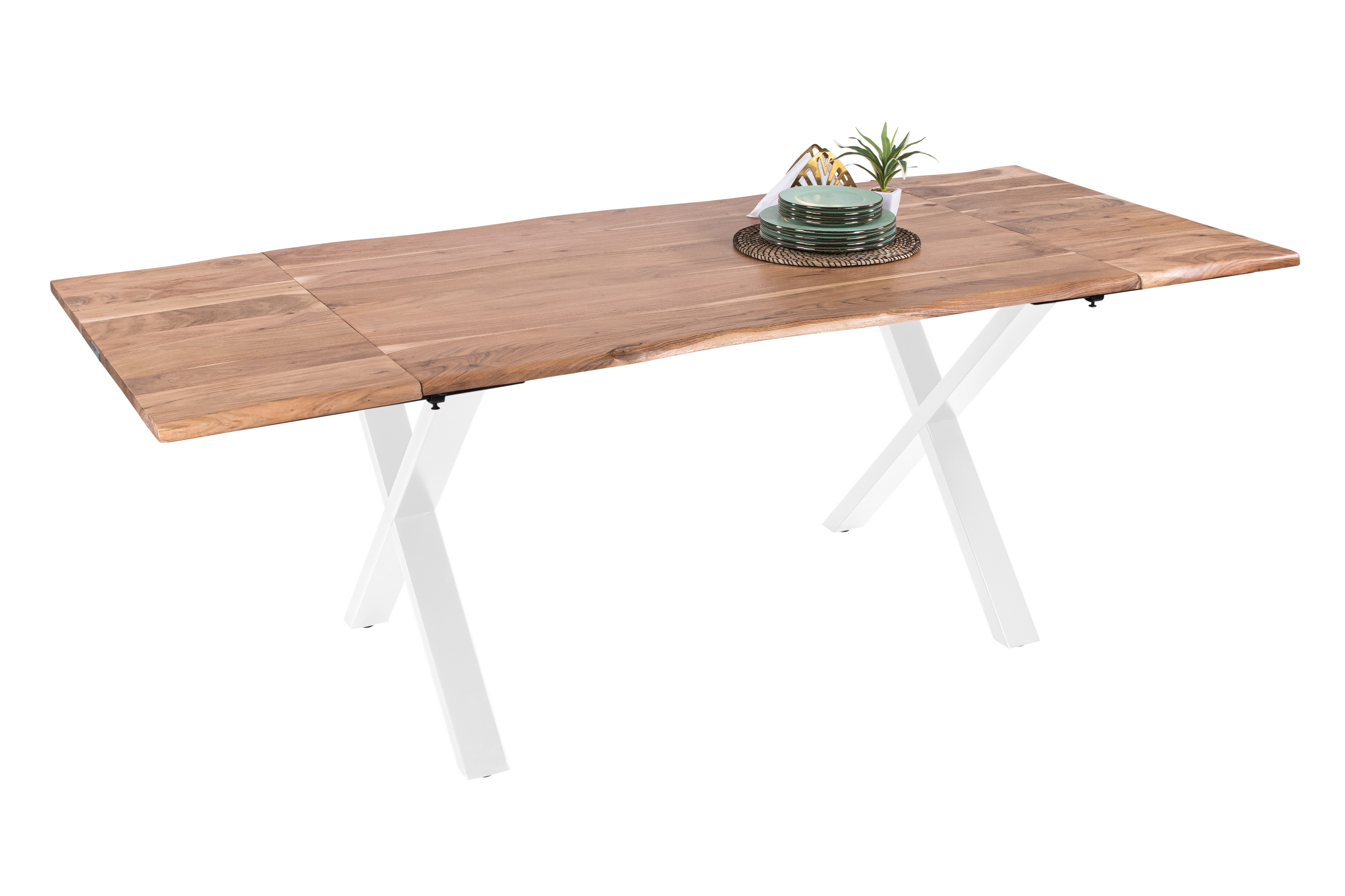 Esstisch Baumkante Akazie natur 140(220)x90 Ansteckplatten X-Gestell weiß AVINO