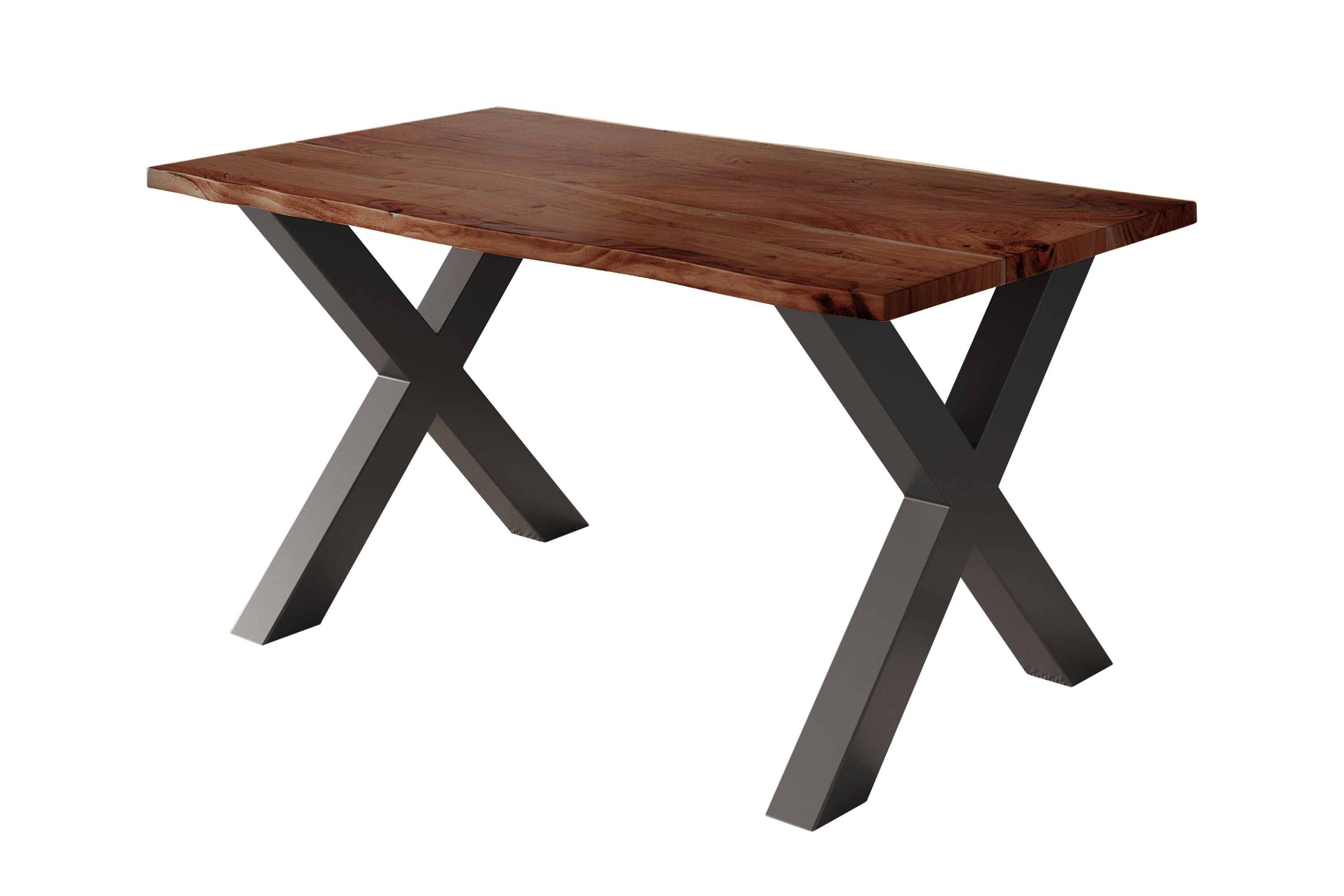 Esstisch Baumkante massiv Akazie nussbaum 120 x 80 schwarz X-Gestell NICK