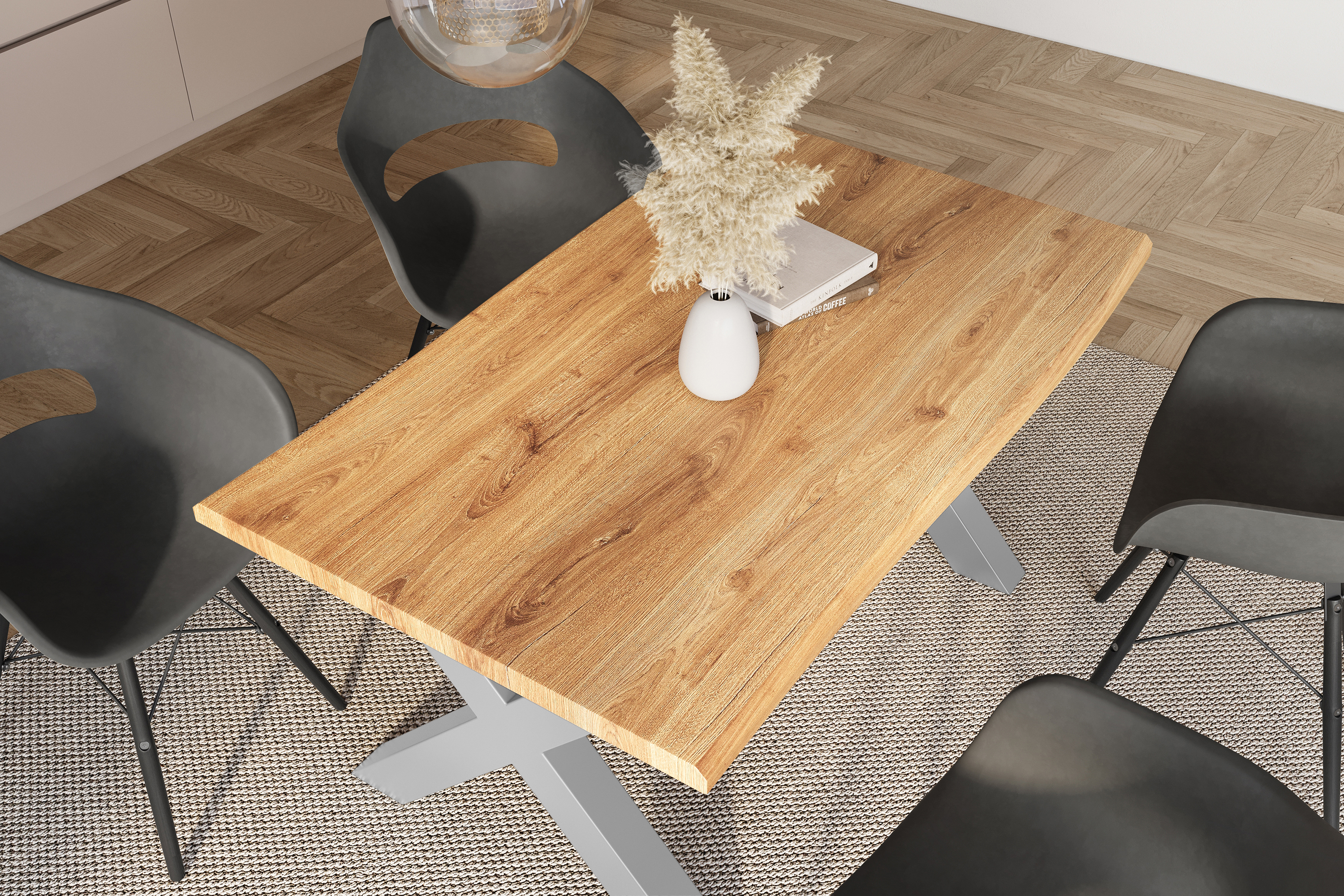 Esstisch Baumkante Holz-Optik Wildeiche 120 x 80 X-Gestell silber JULIUS