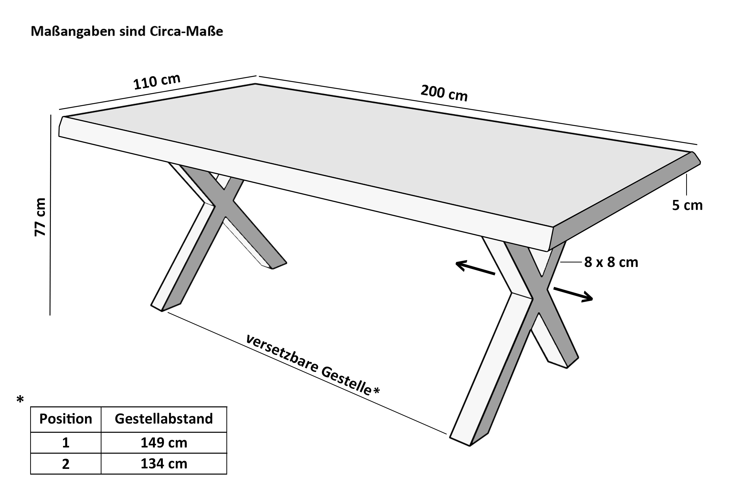 Esstisch Baumkante massiv Akazie Nuss 200 x 110 X-Gestell schwarz CALI