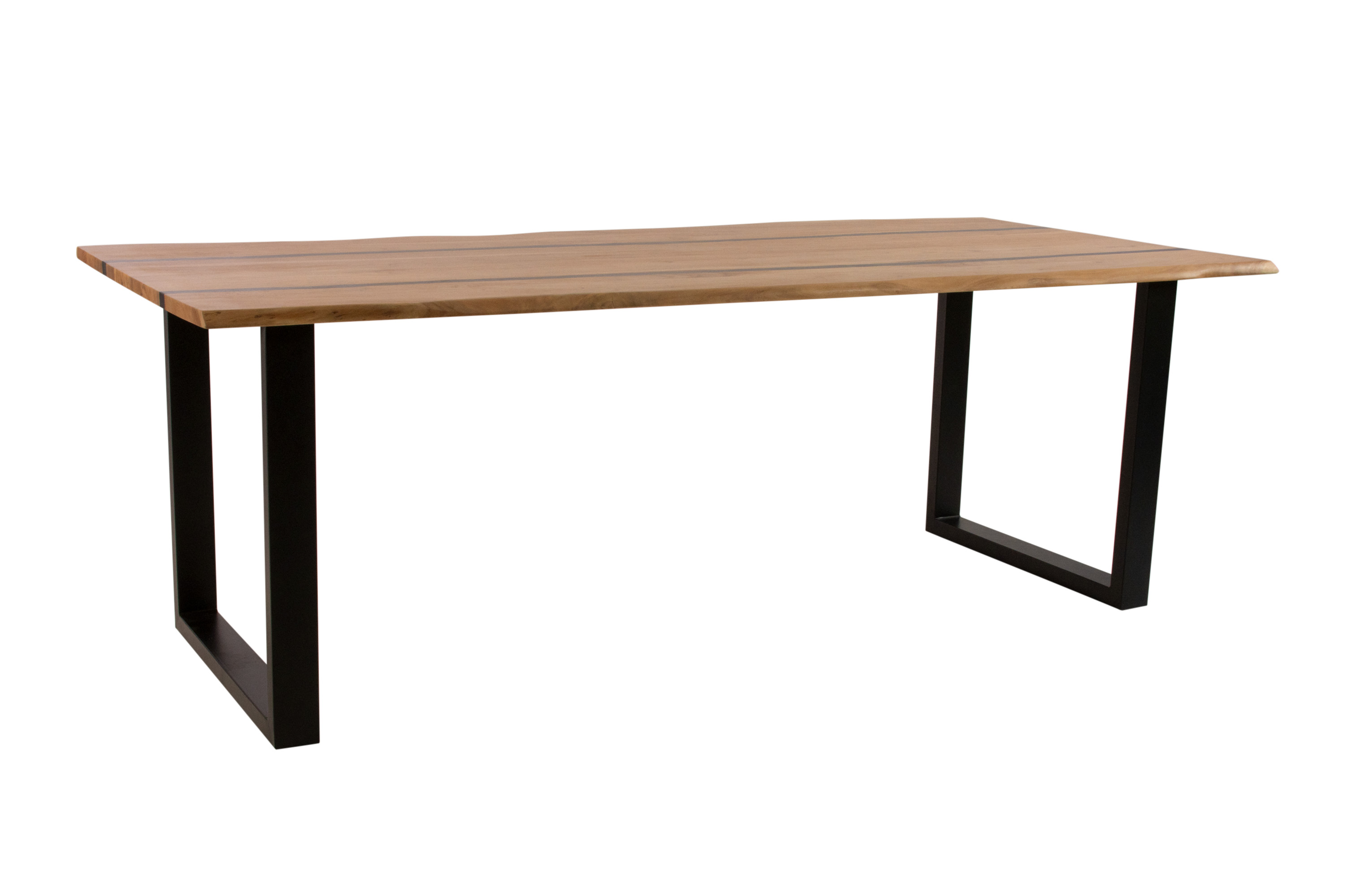 Esstisch 240 x 100 cm Akazie massiv natur mit schwarzen Resin-Adern U-Gestell schwarz PETER