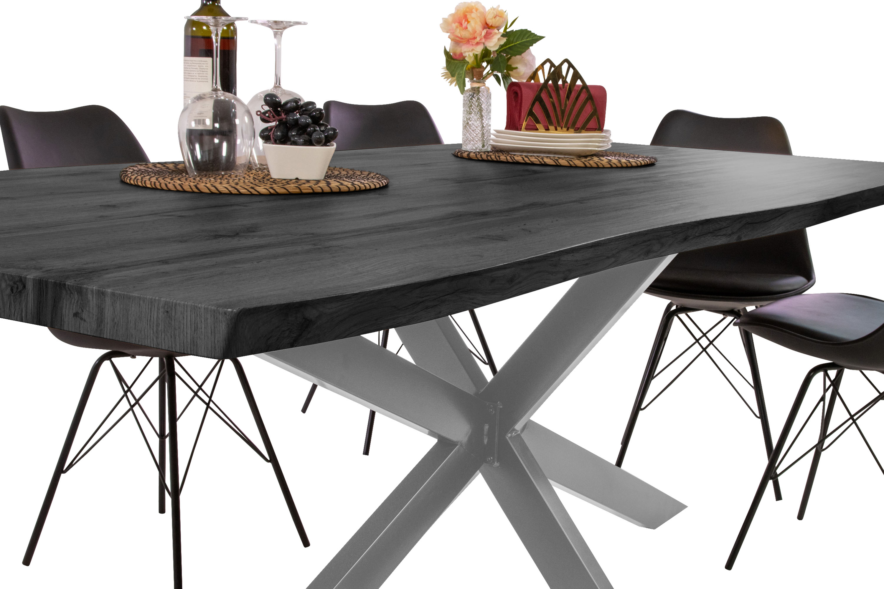 Esstisch Baumkante Holz-Optik Grau 220 x 100 Spider-Gestell silber JOSY