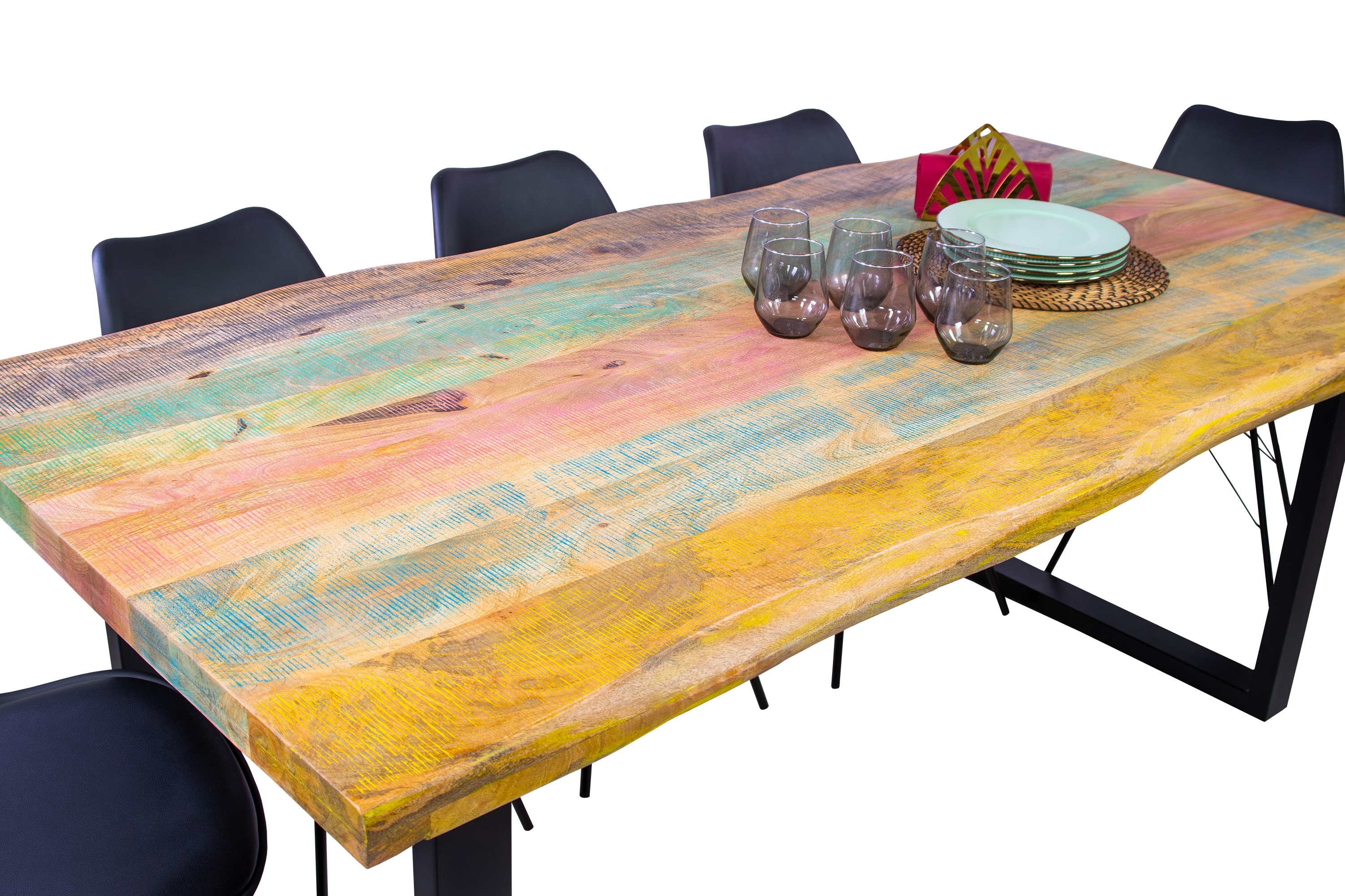 Esstisch Baumkante 160 x 85 cm Mango massiv Bunt U-Gestell Schwarz LIBRO