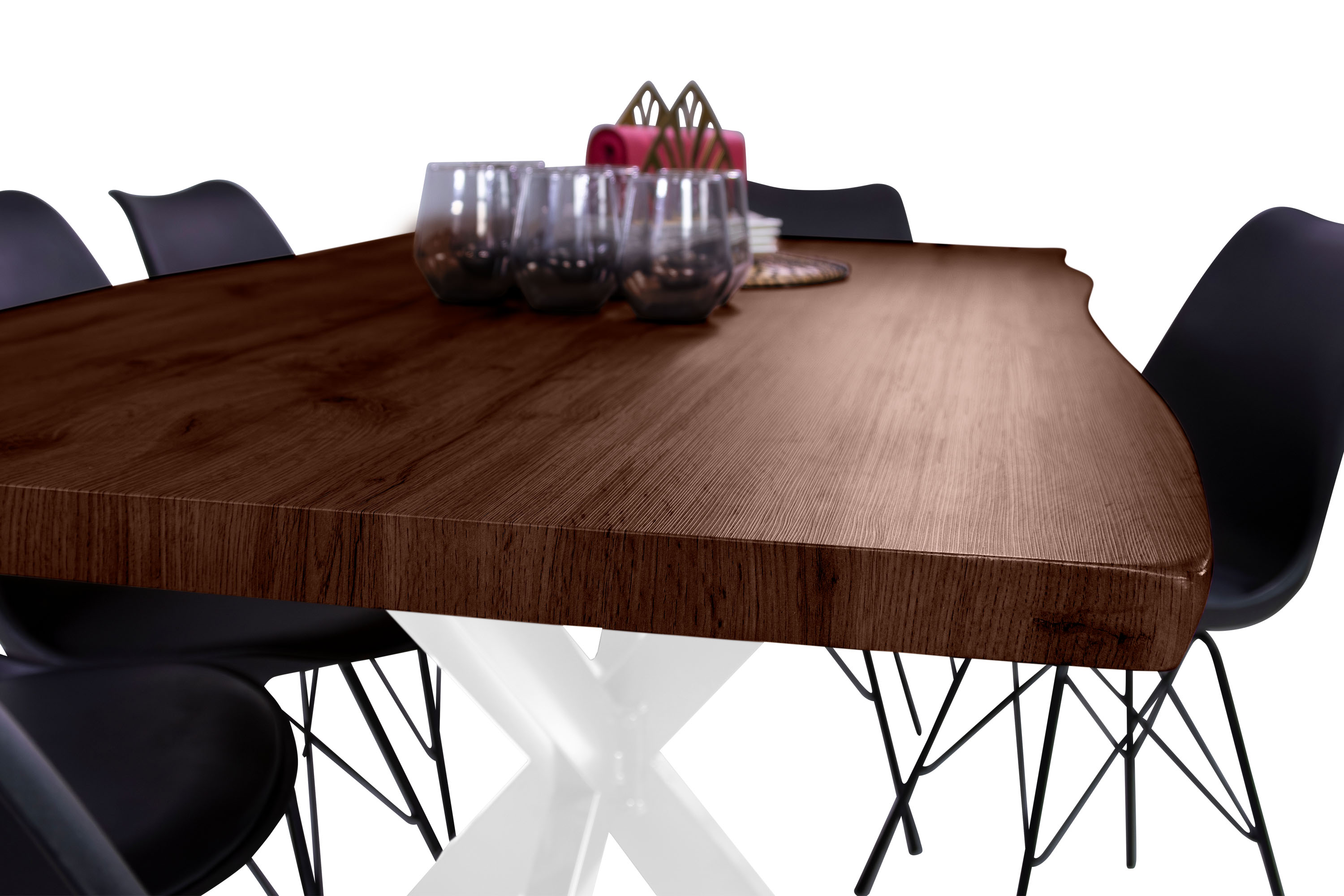 Esstisch Baumkante Holz-Optik Nussbaum 160 x 85 Spider-Gestell weiß JOSY