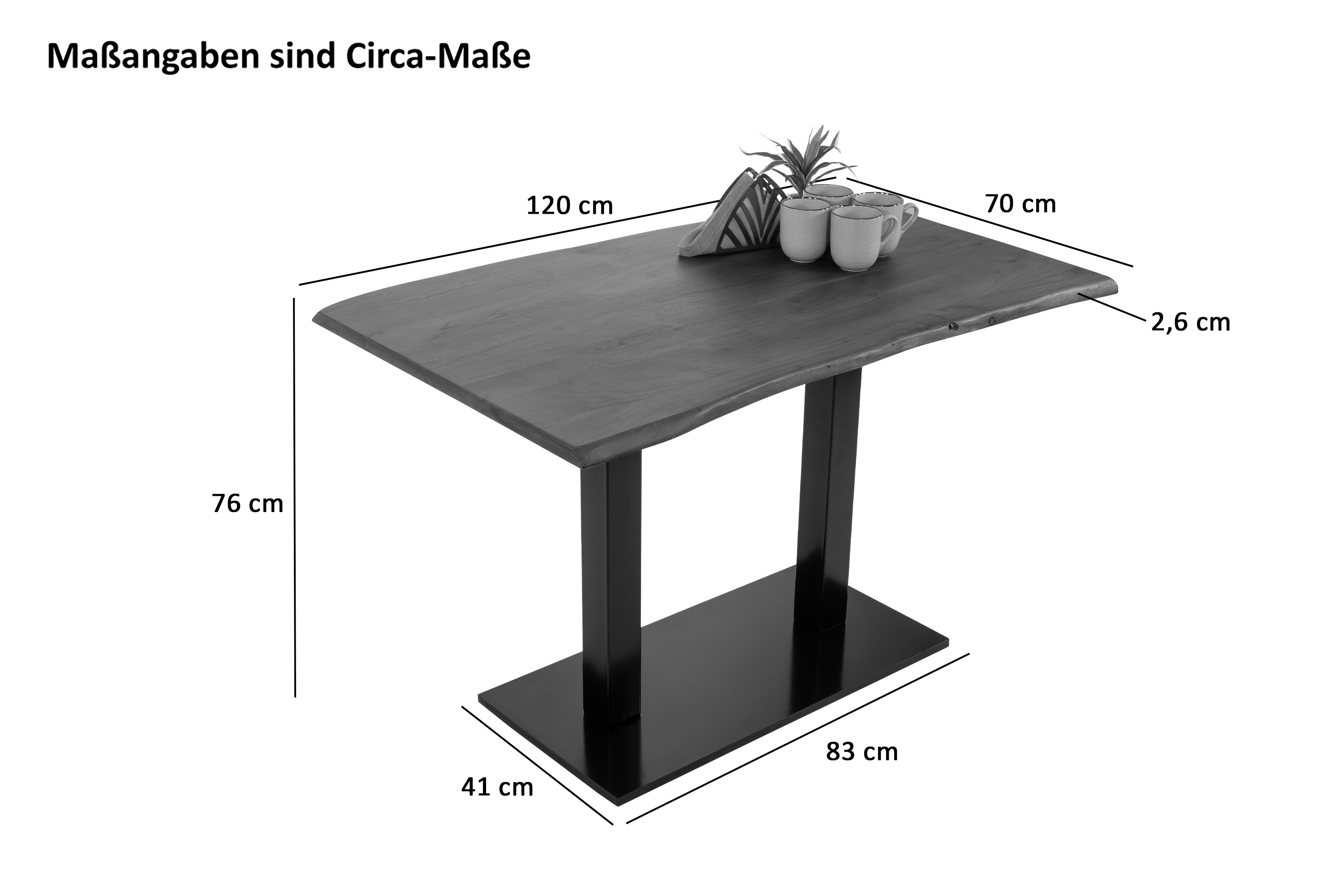 Bistrotisch Baumkante massiv 120x70cm Akazie Nussbaumfarben schwarz Säulengestell ISLA