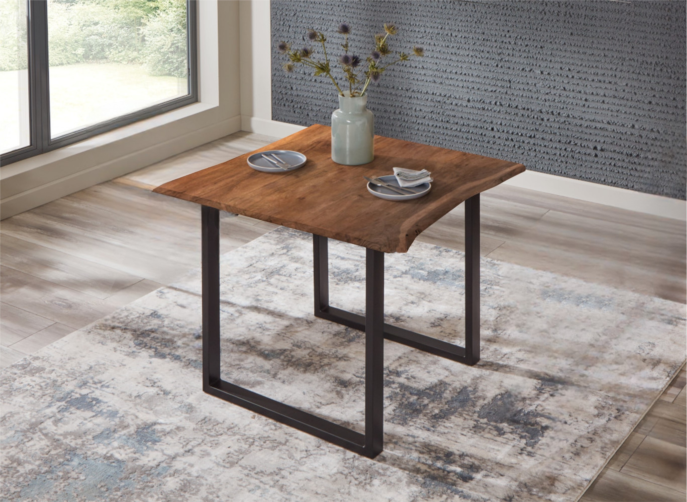 Esstisch Baumkante massiv Akazie nussbaumfarben 90 x 90 cm schwarz U-Gestell BILLY Esstisch Baumkante massiv Akazie nussbaumfarben 90 x 90 cm schwarz U-Gestell BILLY
