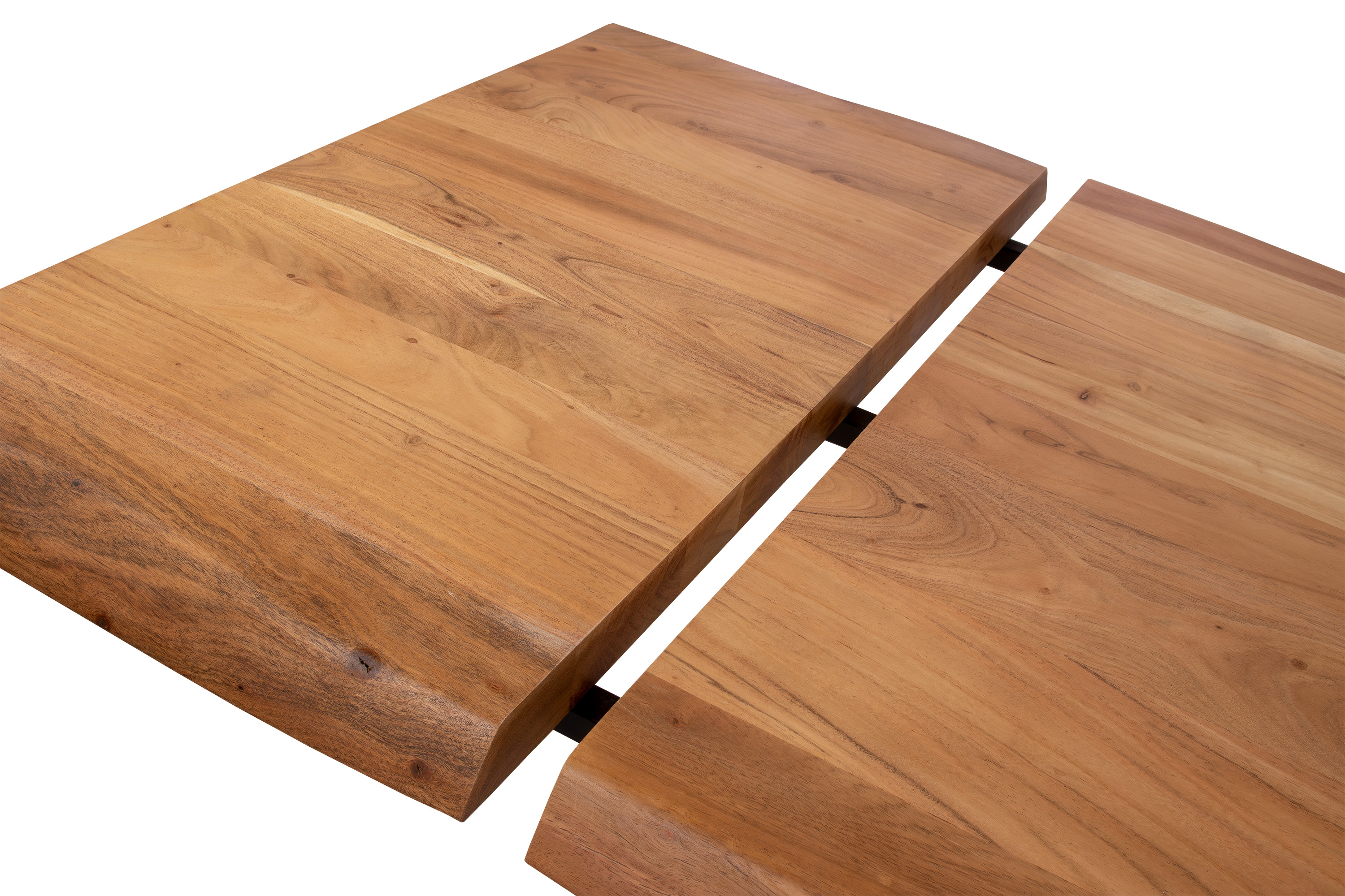 Esstisch Baumkante Akazie natur 180 (280) x 90 X-Gestell schwarz mit Ansteckplatten CALI
