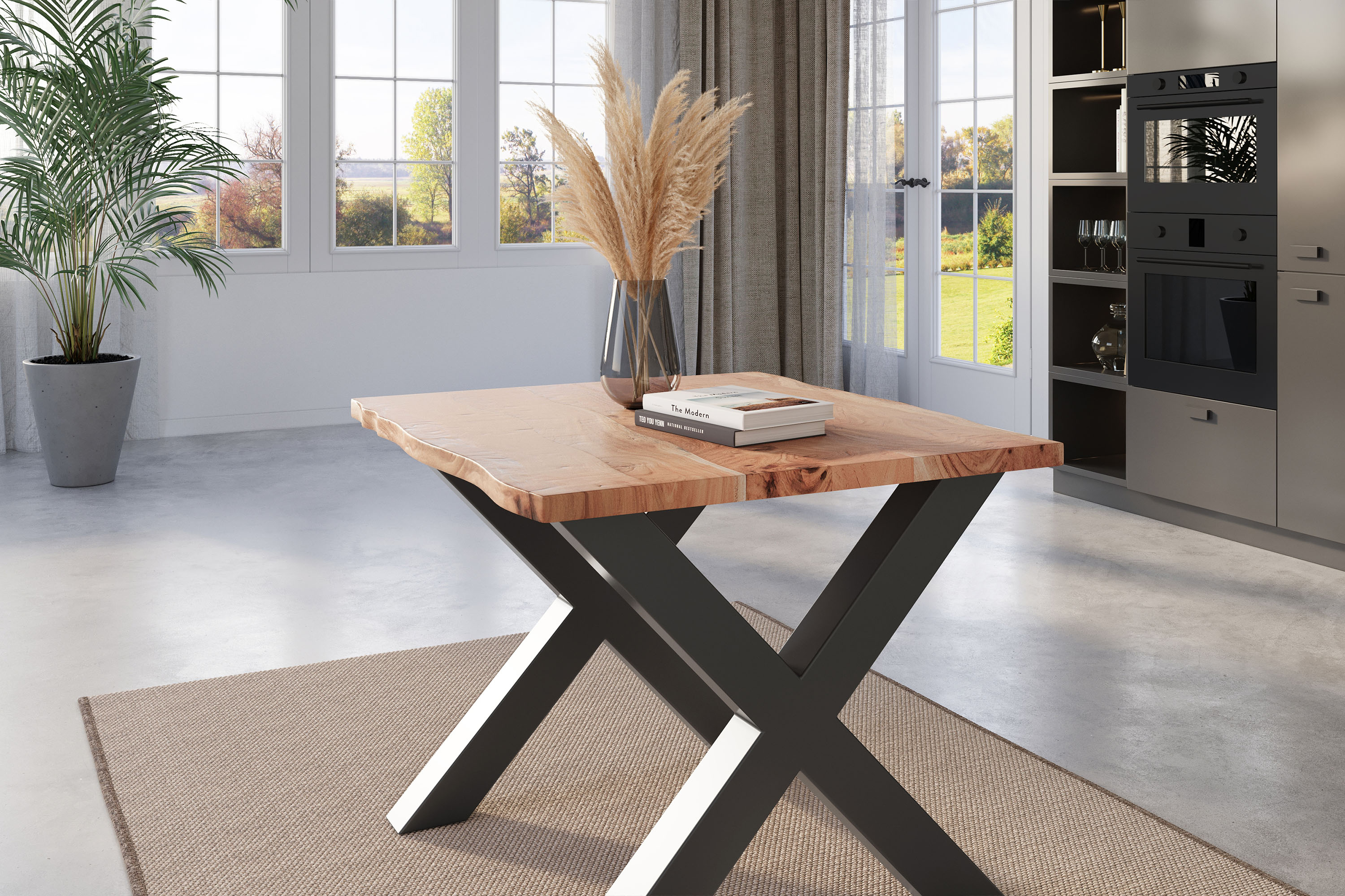 Esstisch Baumkante massiv Akazie natur 140 x 80 schwarz X-Gestell NICK