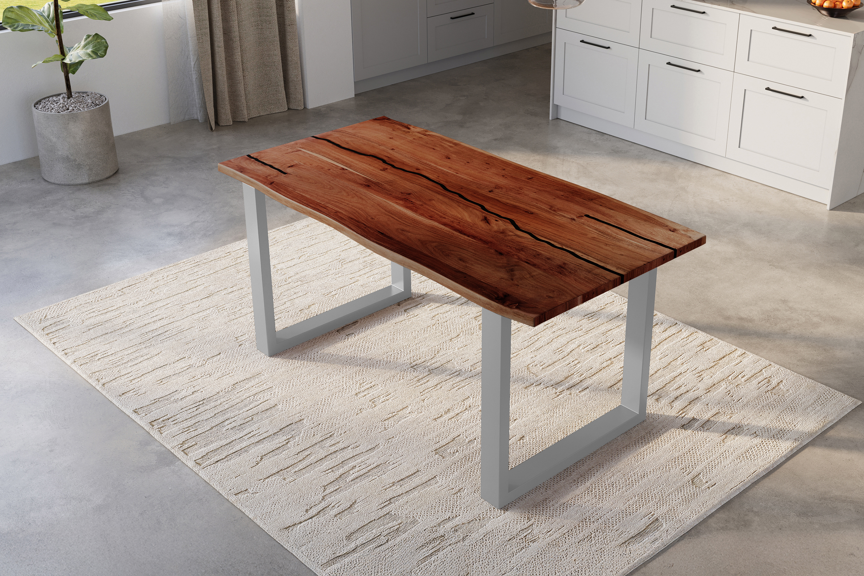 Baumkantentisch Akazie mit schwarzen Resin-Adern nussbaumfarben 140 x 80 cm U-Gestell silber POLLY
