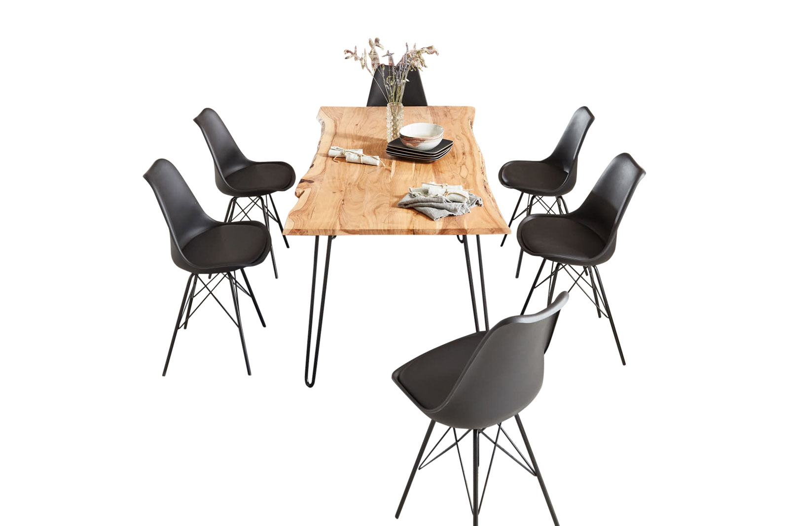  Esstisch Baumkante massiv Akazie natur 120 Hairpin-Gestell schwarz HANNAH