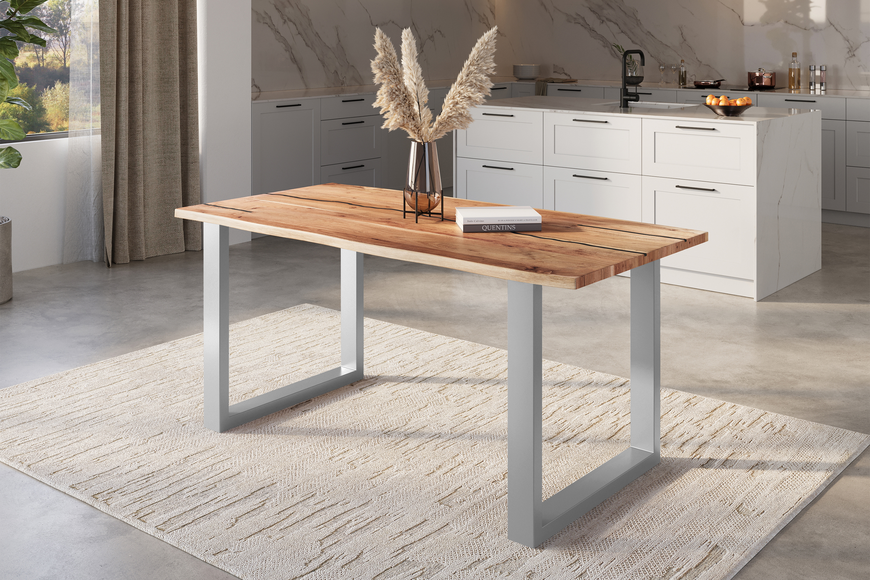 Baumkantentisch Akazie mit schwarzen Resin-Adern naturfarben 140 x 80 cm U-Gestell silber POLLY