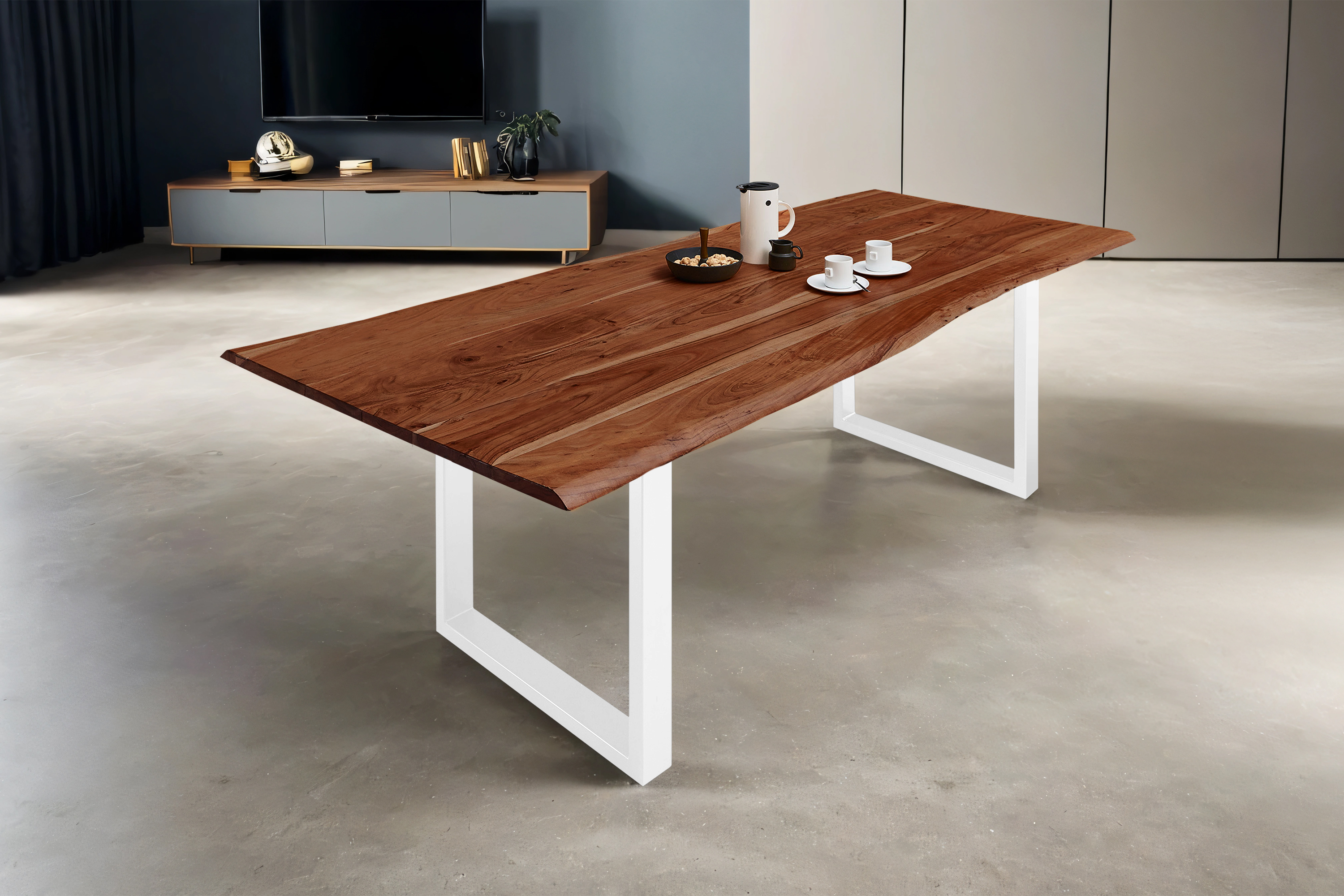 Esstisch Baumkante massiv Akazie nussbaum 160 x 85 weiß MILO