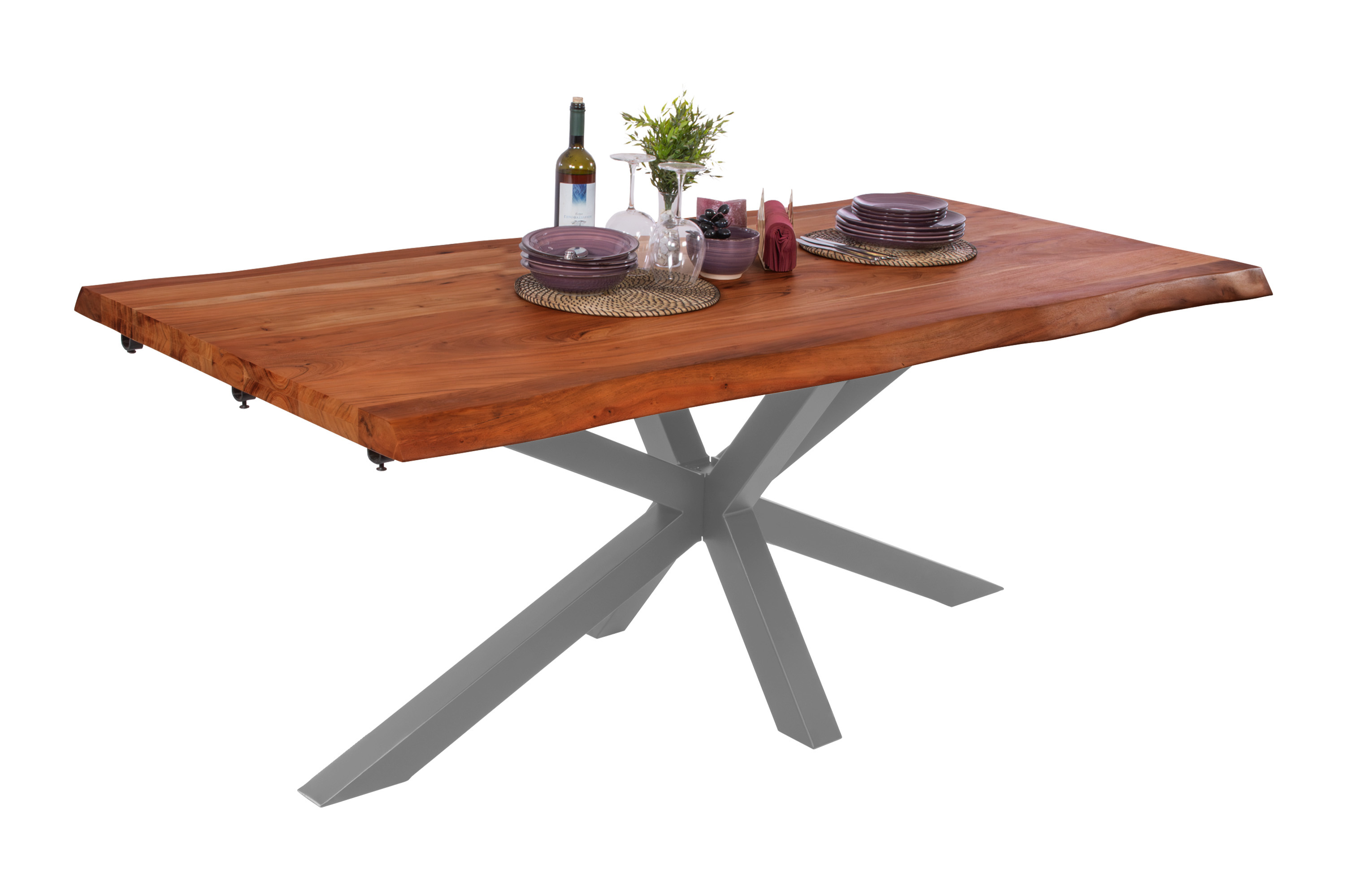 Esstisch Baumkante Akazie nuss 220 (320) x 100 Spider-Gestell silber mit Ansteckplatten CALI