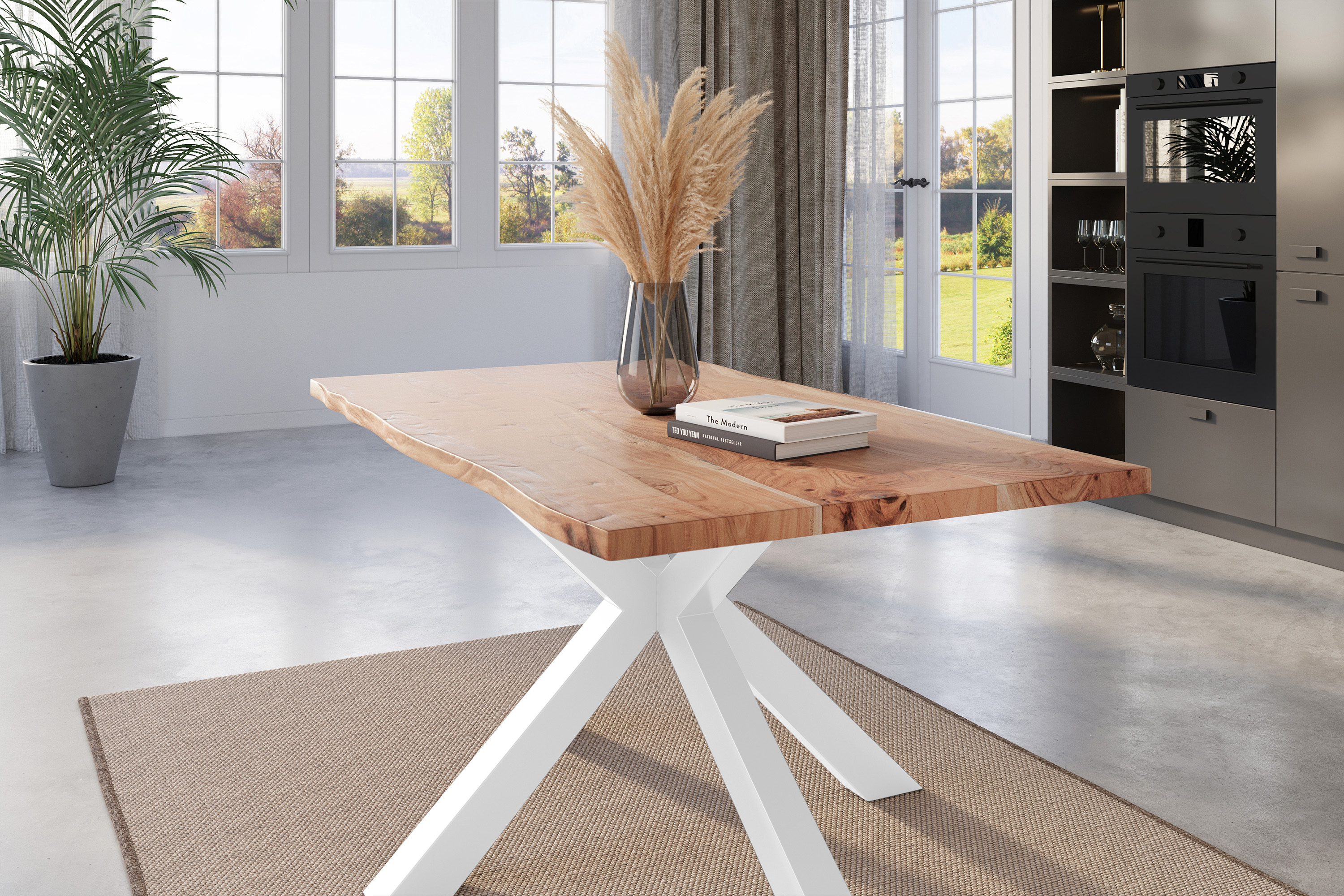 Esstisch Baumkante massiv Akazie natur 140 x 80 cm Spider-Gestell weiß Kalea