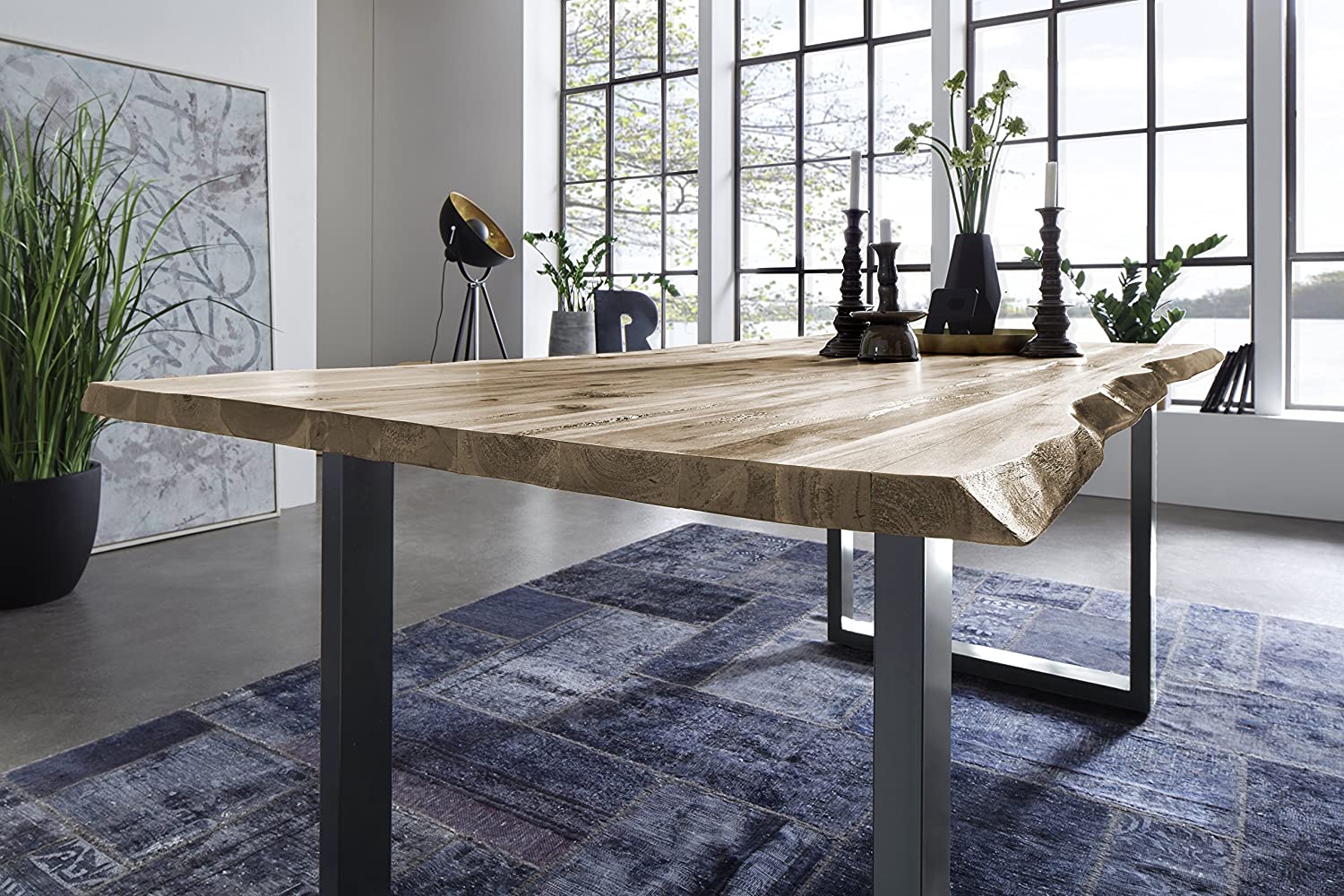 Essgruppe 220 cm Akazie naturfarben U-Gestell silber mit 2 Bänken QUINN