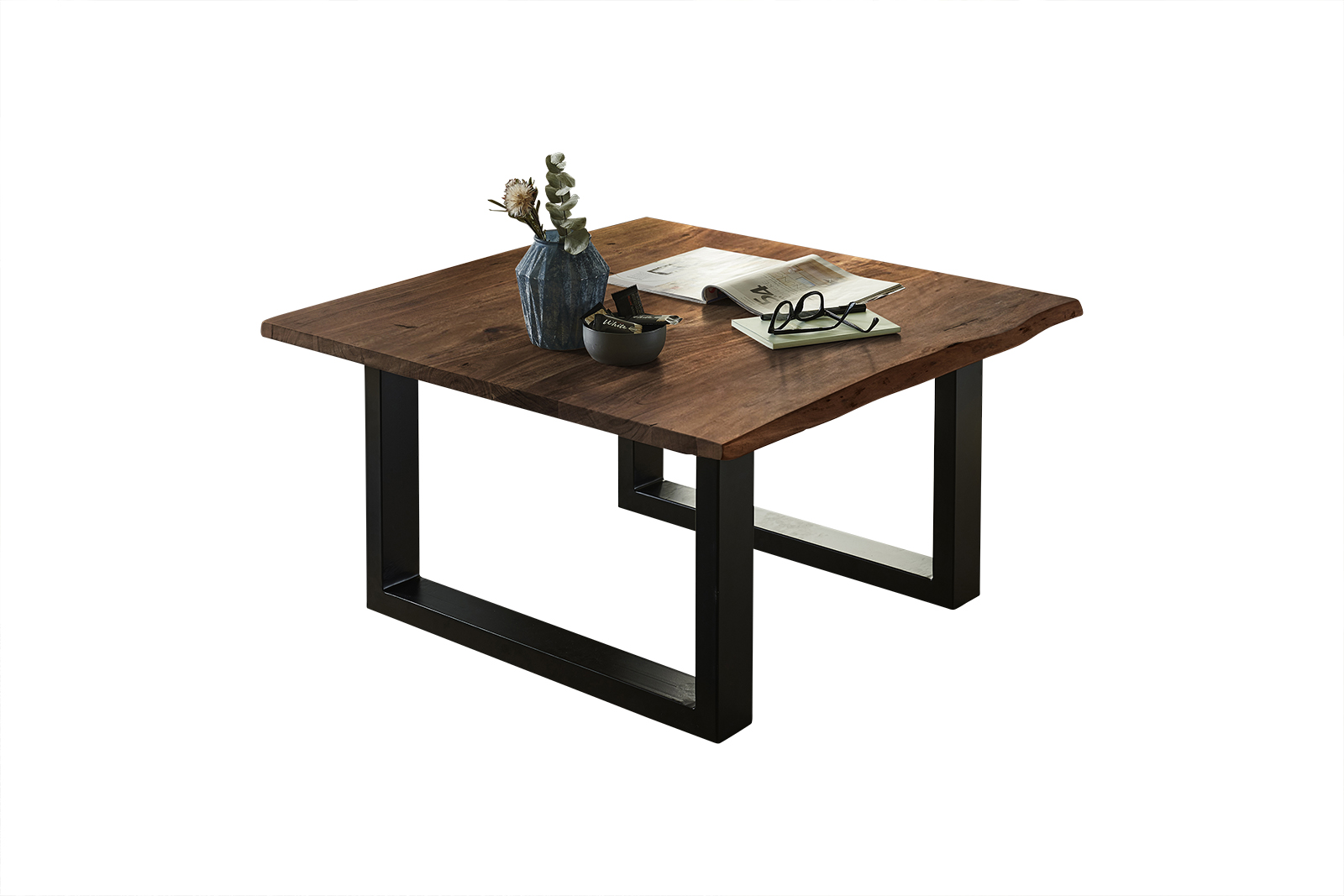  Couchtisch Baumkante massiv Akazie nussbaum 90 x 90 schwarz NOAH