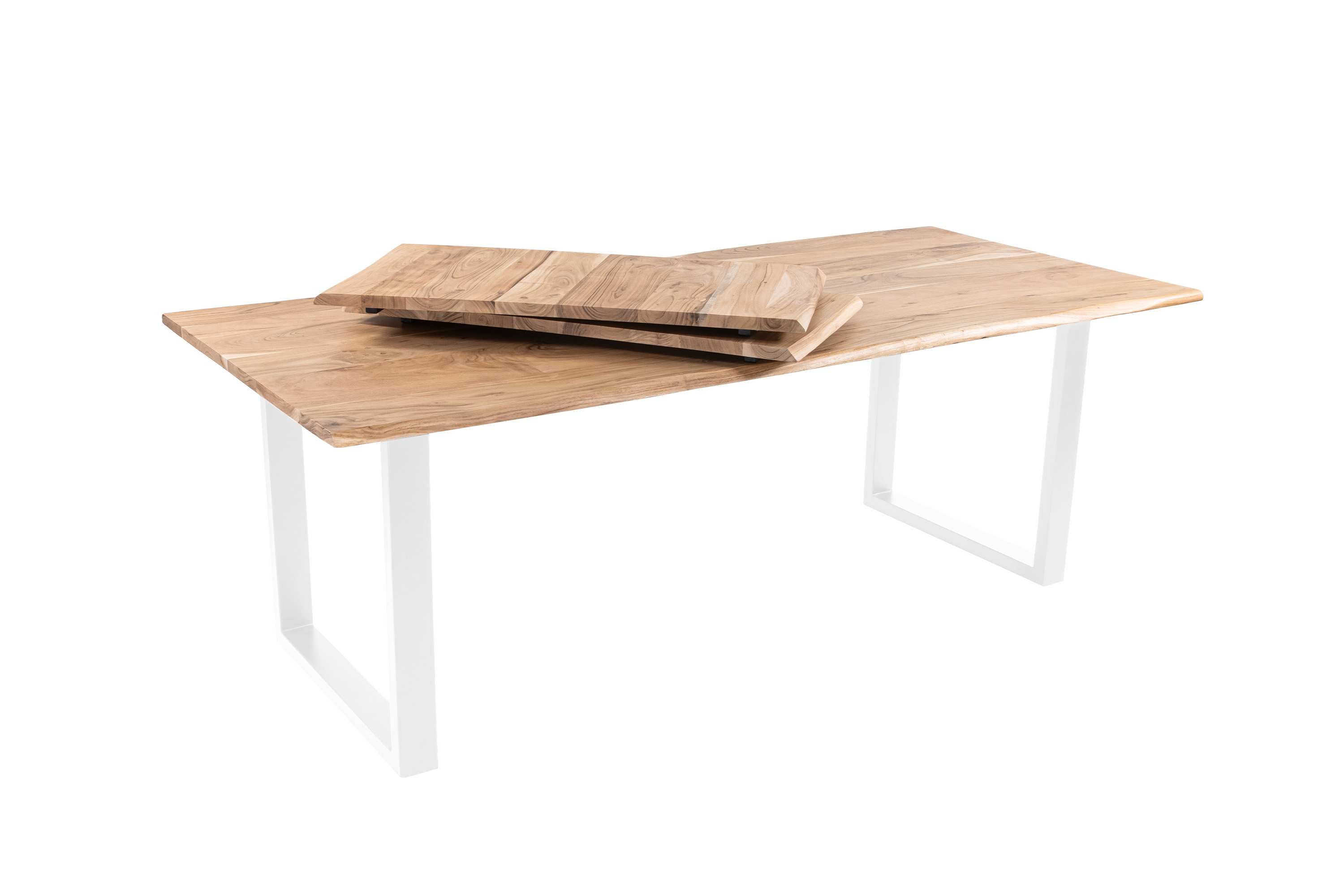Esstisch Baumkante Akazie natur 200(300)x100 Ansteckplatten U-Gestell weiß AVINO