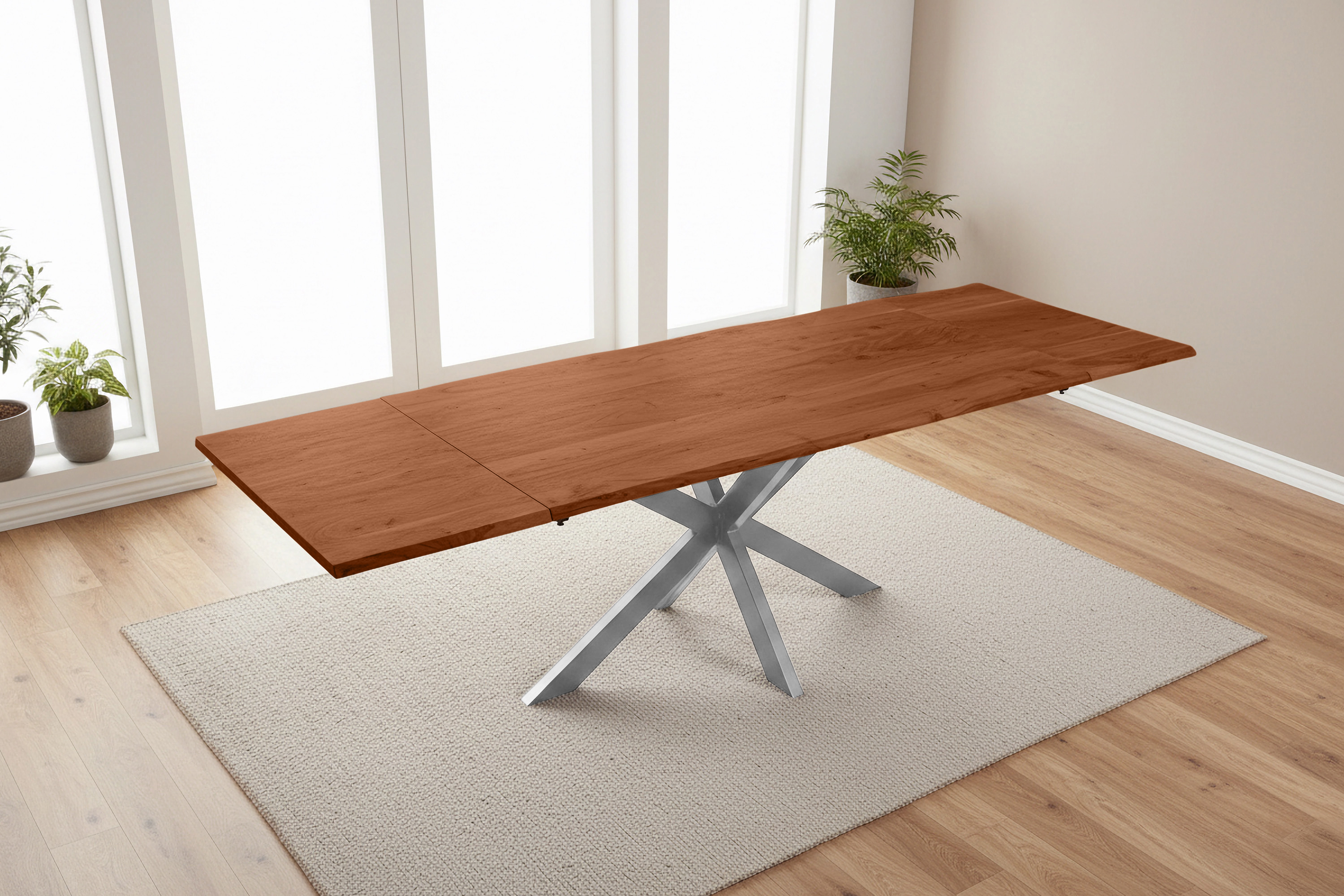 Esstisch Baumkante Akazie nuss 180(280)x90 Ansteckplatten Spider-Gestell silber AVINO