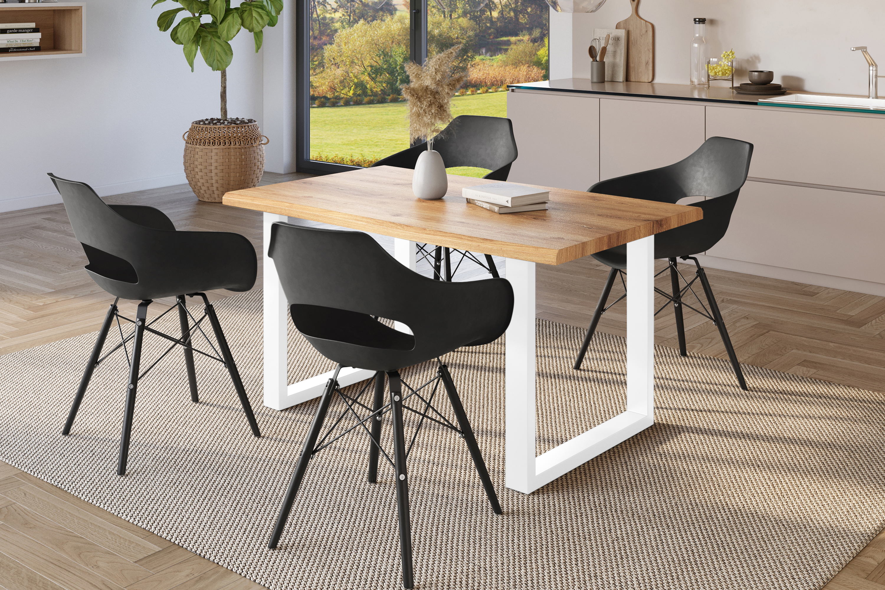 Esstisch Baumkante Holz-Optik Wildeiche 160 x 85 U-Gestell weiß JULIUS