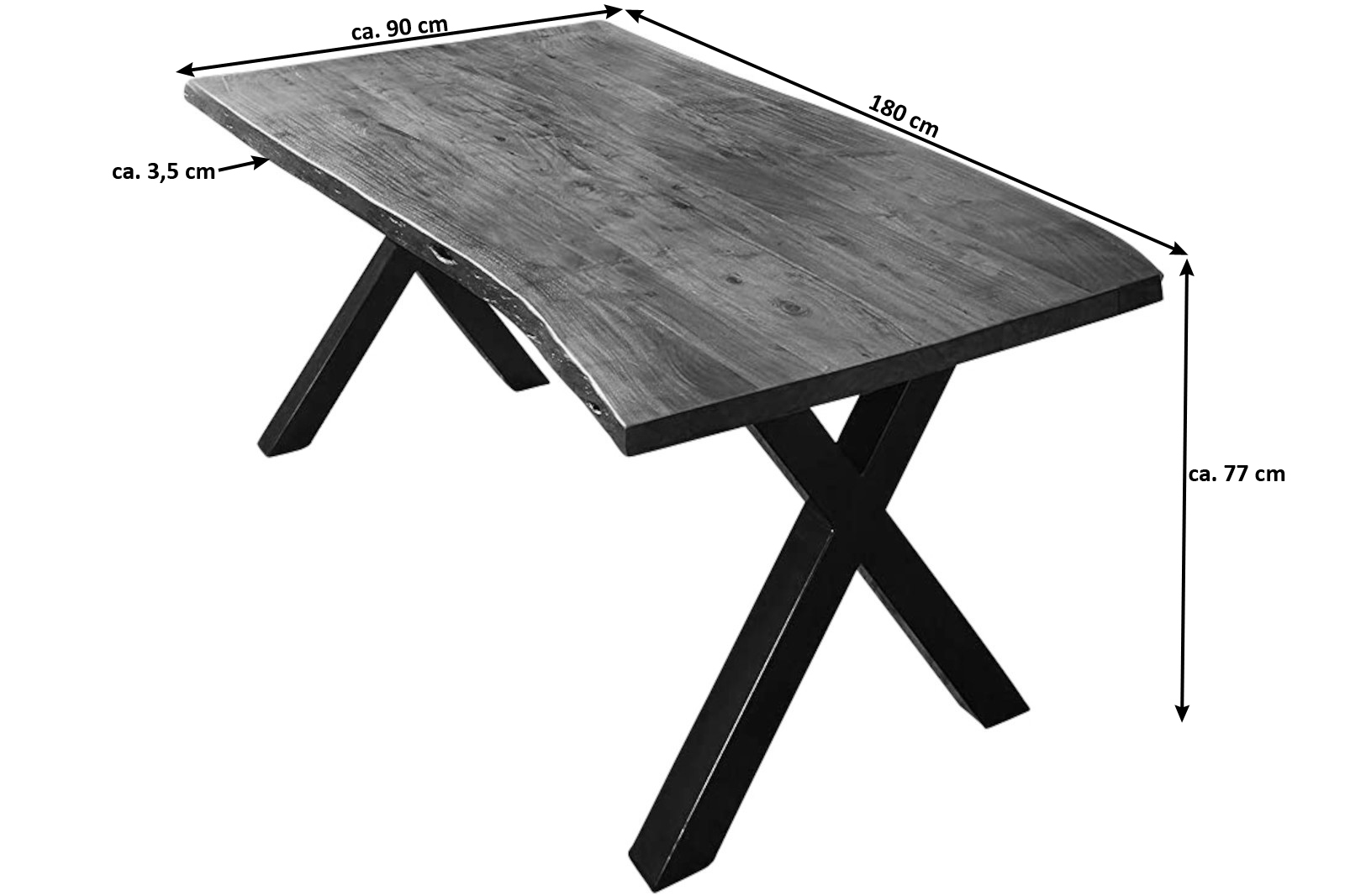  Esstisch Baumkante massiv Akazie nussbaum 180 x 90 X-Gestell silber XAVER