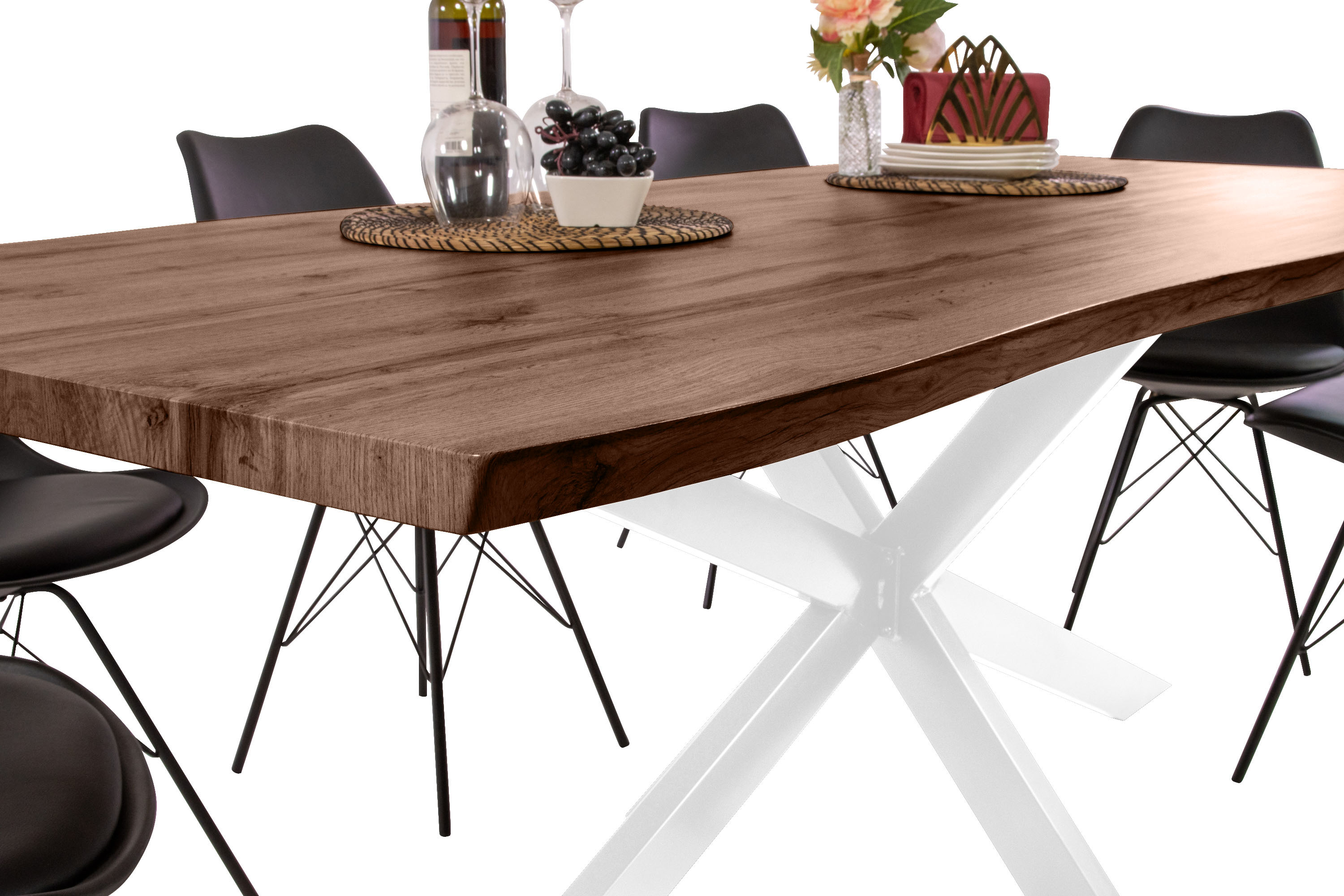 Esstisch Baumkante Holz-Optik Nussbaum 220 x 100 Spider-Gestell weiß JOSY