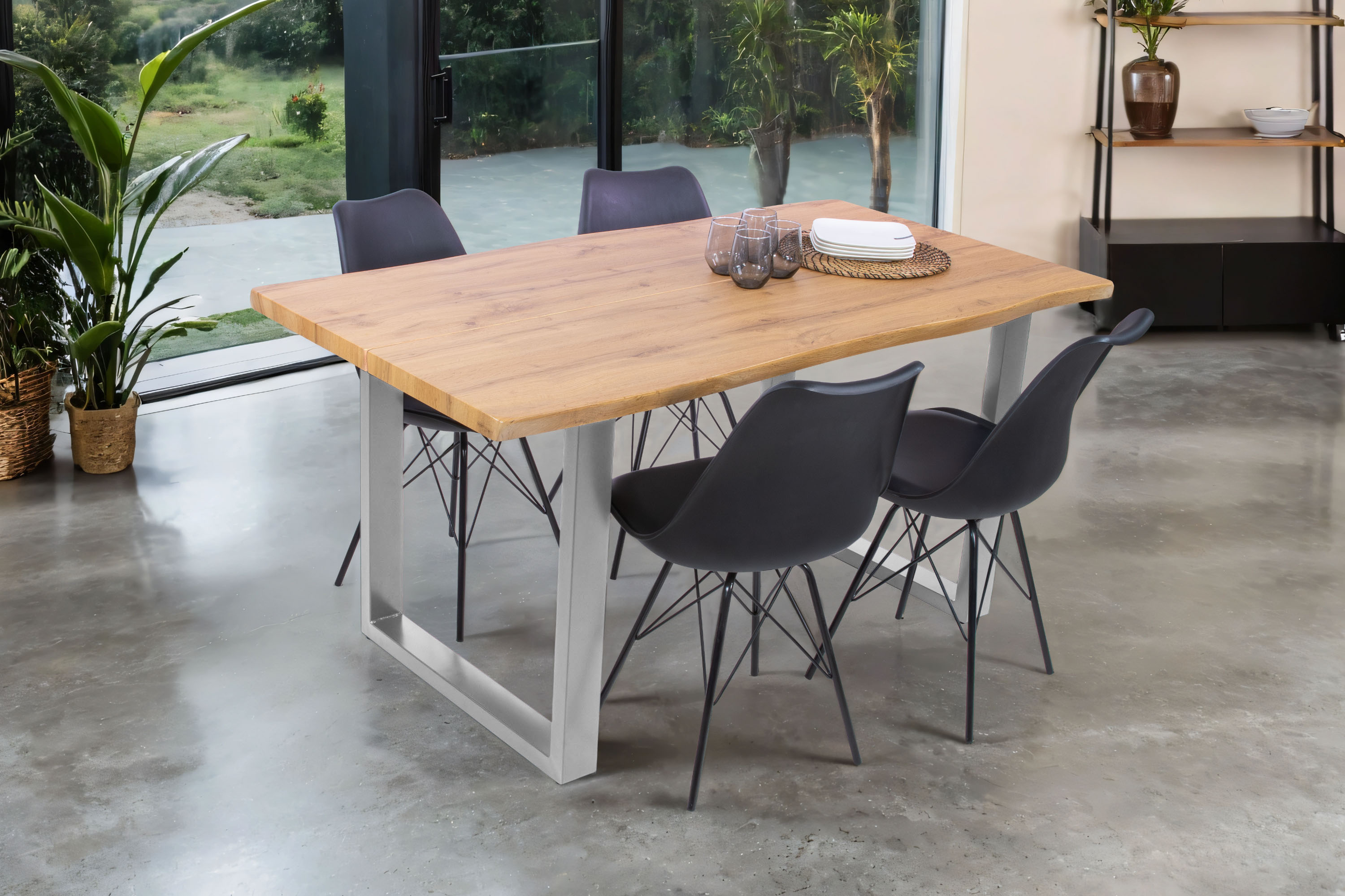 Esstisch Baumkante Holz-Optik Wildeiche 160 x 85 U-Gestell silber DUA