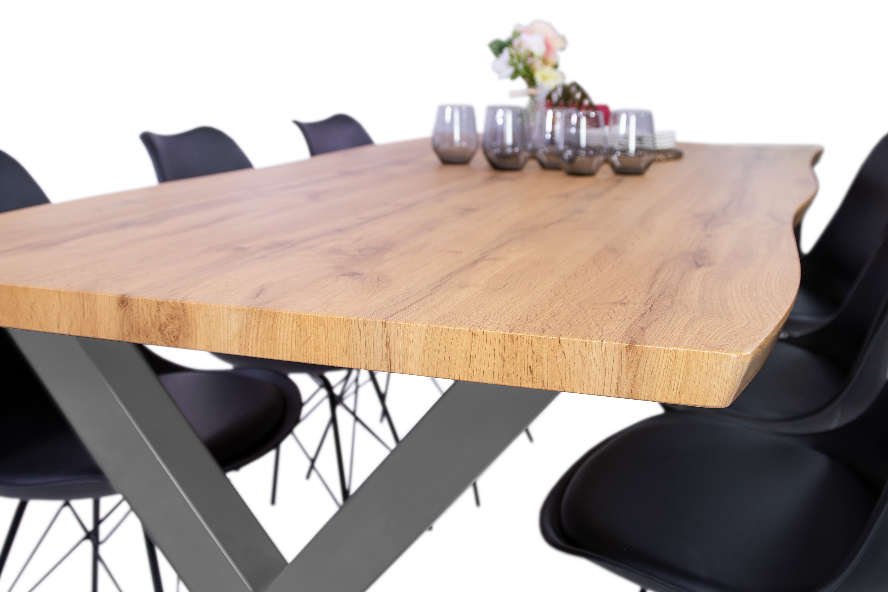 Esstisch Baumkante Holz-Optik Wildeiche 200 x 100 X-Gestell silber JOSY