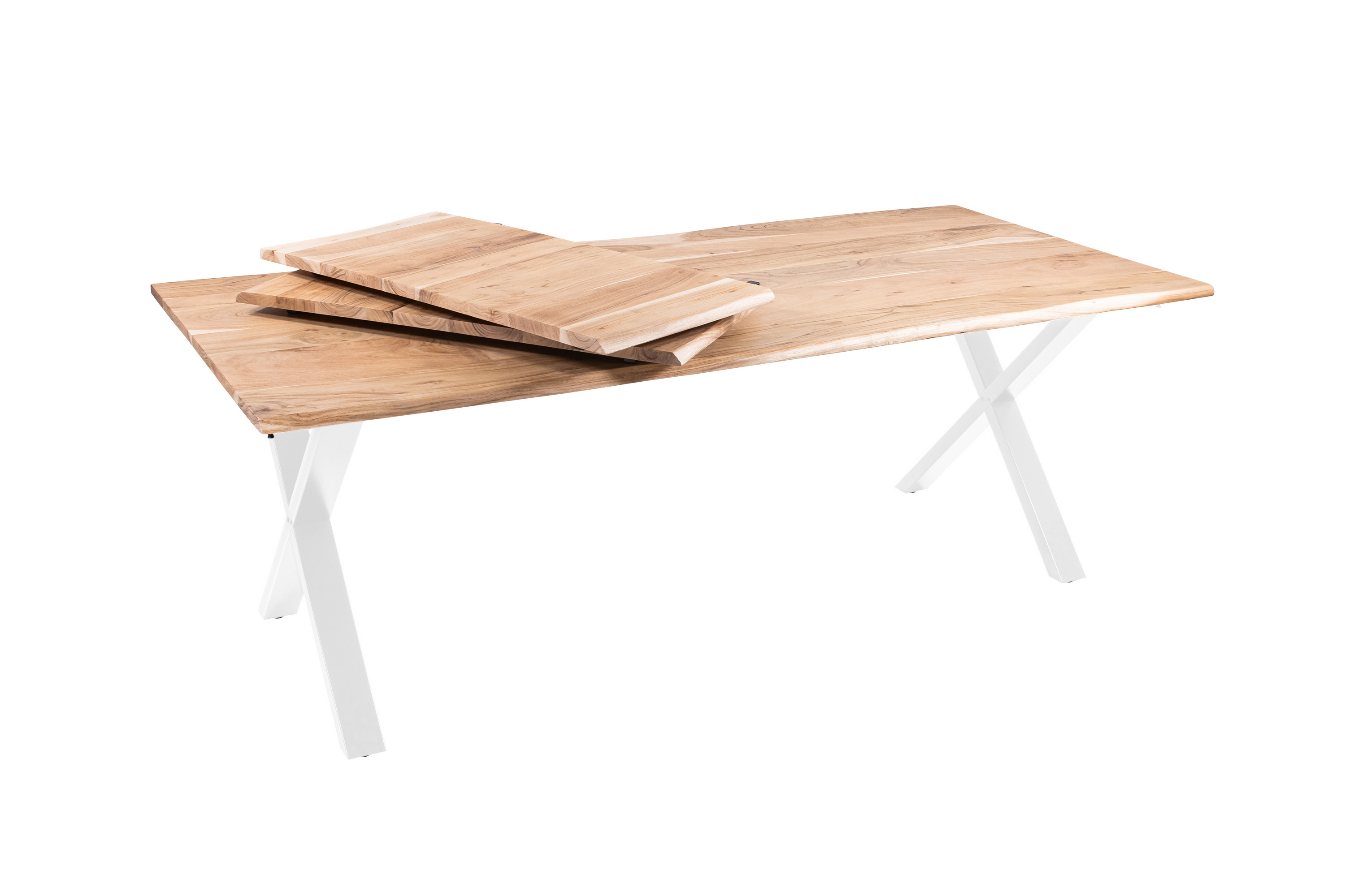 Esstisch Baumkante Akazie natur 200(300)x100 Ansteckplatten X-Gestell weiß AVINO