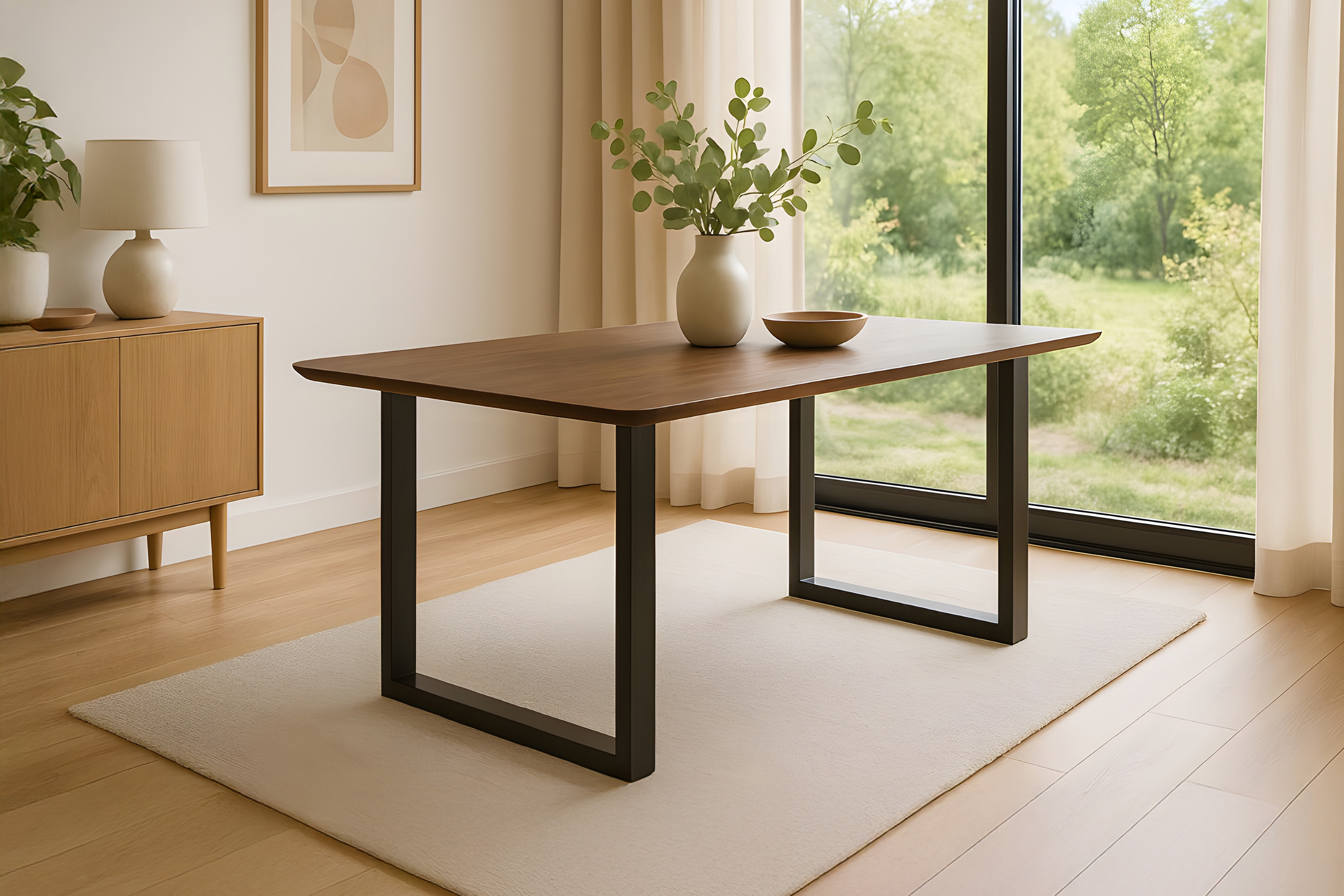 Esstisch 180 x 90 cm Akazie massiv kastanienfarben Schweizer Kante U-Gestell schwarz ROBERTO