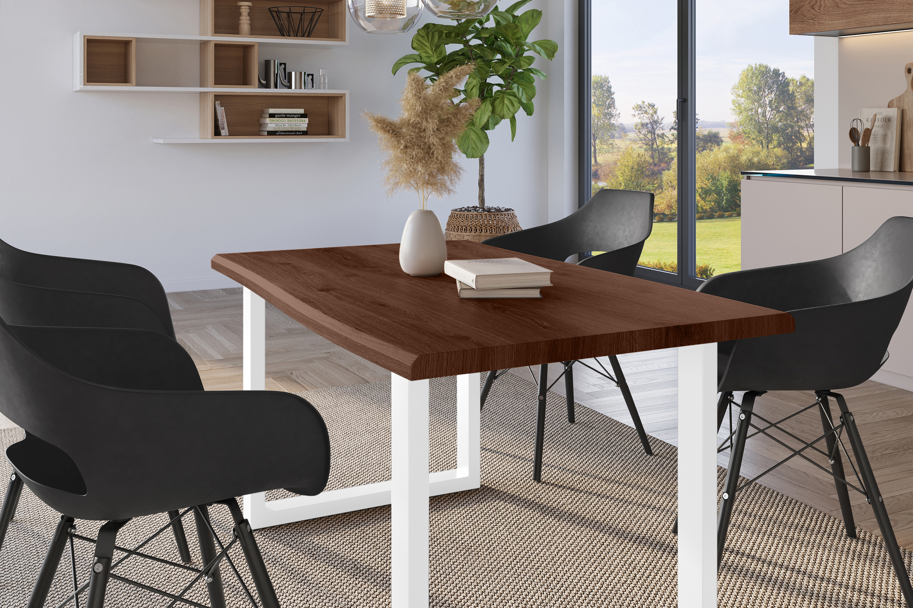 Esstisch Baumkante Holz-Optik Nussbaum 140 x 80 U-Gestell weiß JULIUS