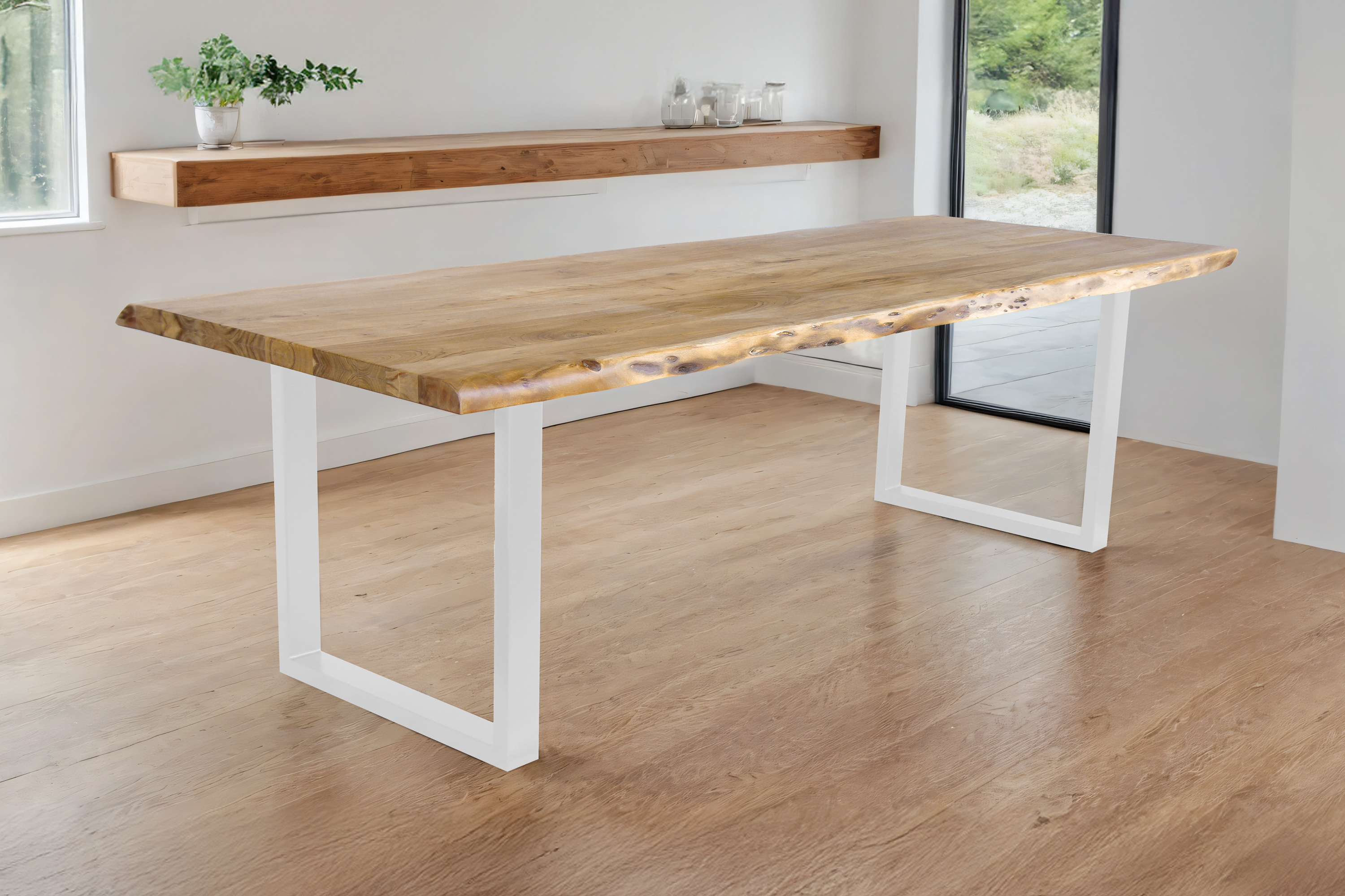 Esstisch Baumkante Akazie massiv Eiche 280 x 100 U-Gestell weiß CALI