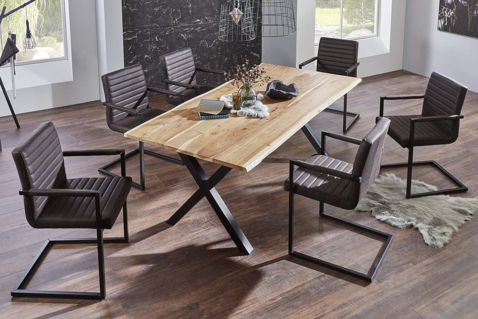  Esstisch Baumkante massiv Akazie natur 220 x 100 X-Gestell schwarz XAVER