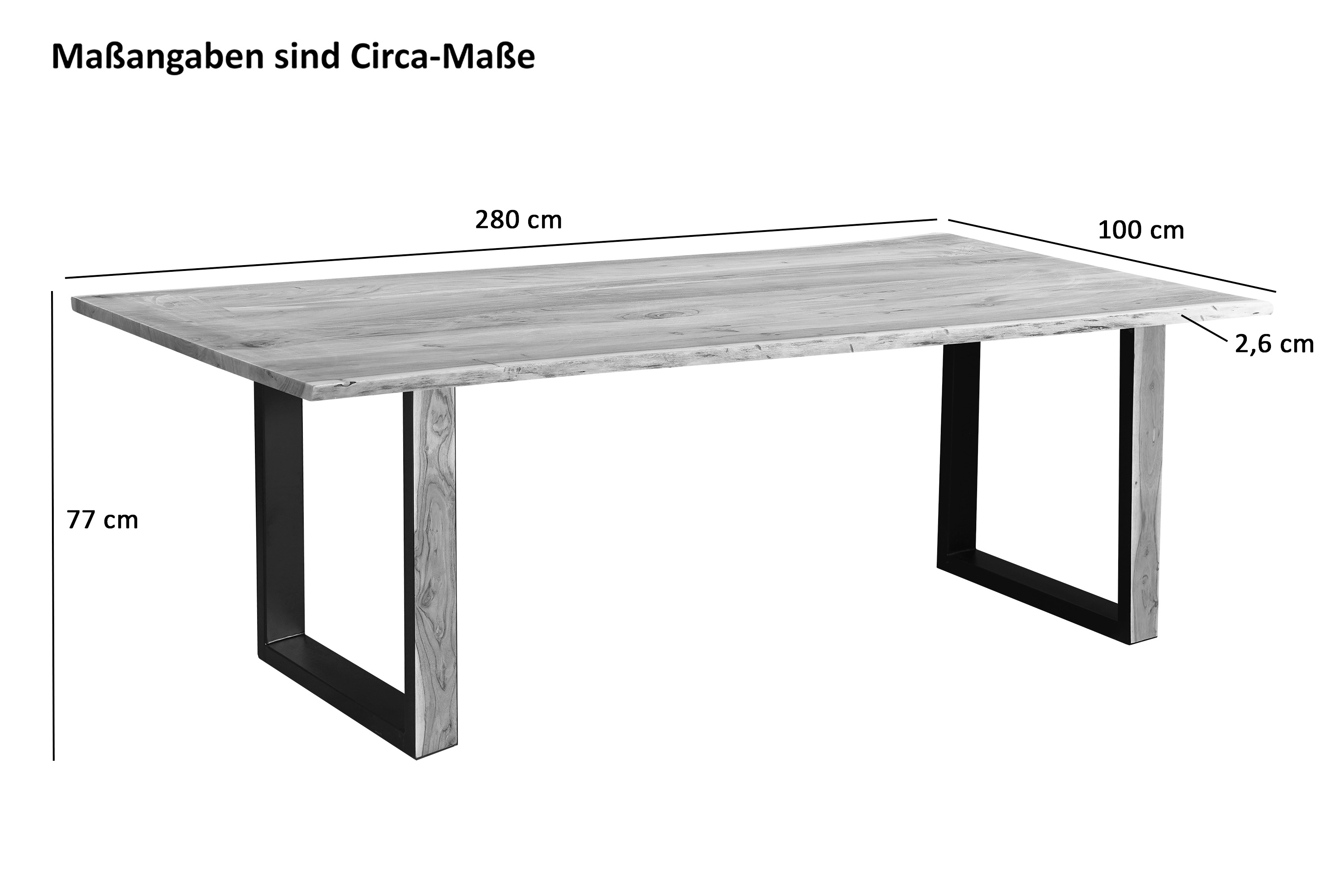 Baumkantentisch 280 x 100 cm Akazie massiv naturfarben schwarzem U-Gestell aus Metall + Holz MELBOURNE