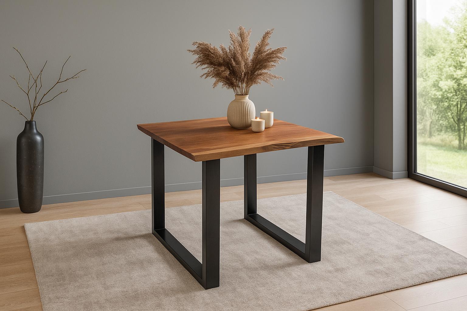 Esstisch Baumkante massiv Akazie nussbaumfarben 80 x 80 schwarz QUINN