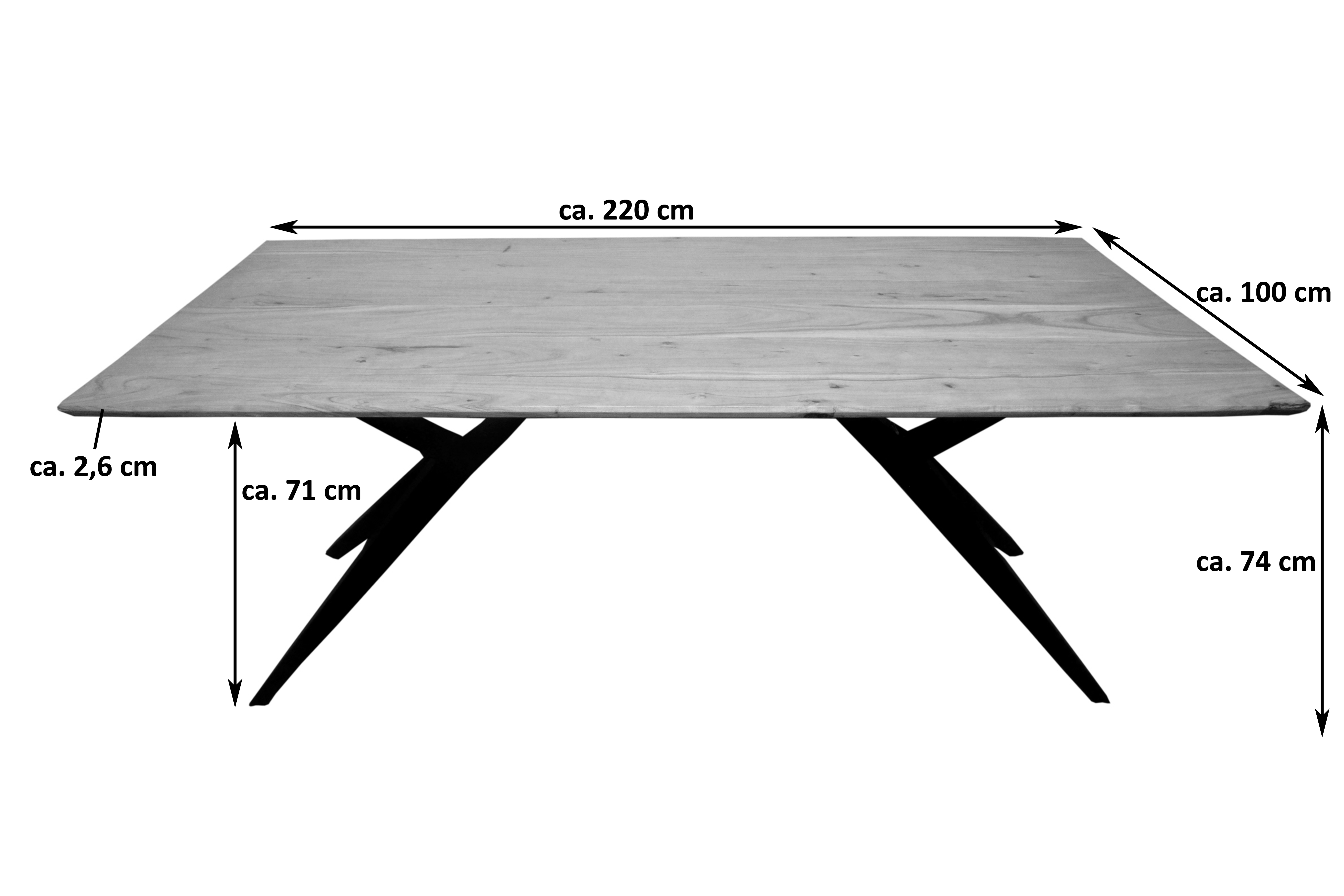 Esstisch Akazie Natur massiv schwarz 220 x 100 cm Schweizer Kante HEIDI