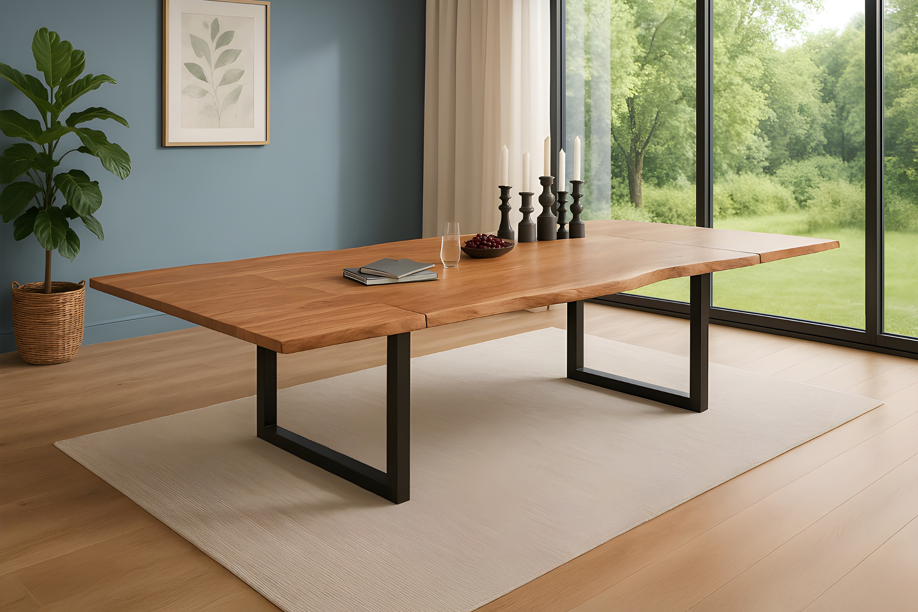 Esstisch Baumkante Akazie natur 200(300)x100 Ansteckplatten schwarz ADINA