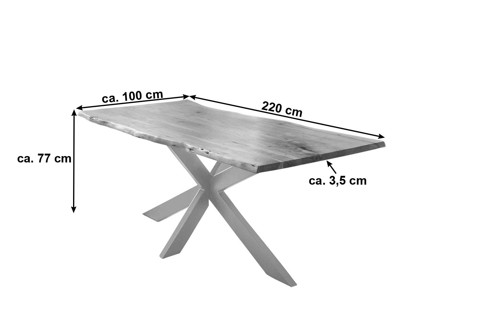 Esstisch Baumkante Akazie naturfarben 220 x 100 cm Spider-Gestell silber TABEA