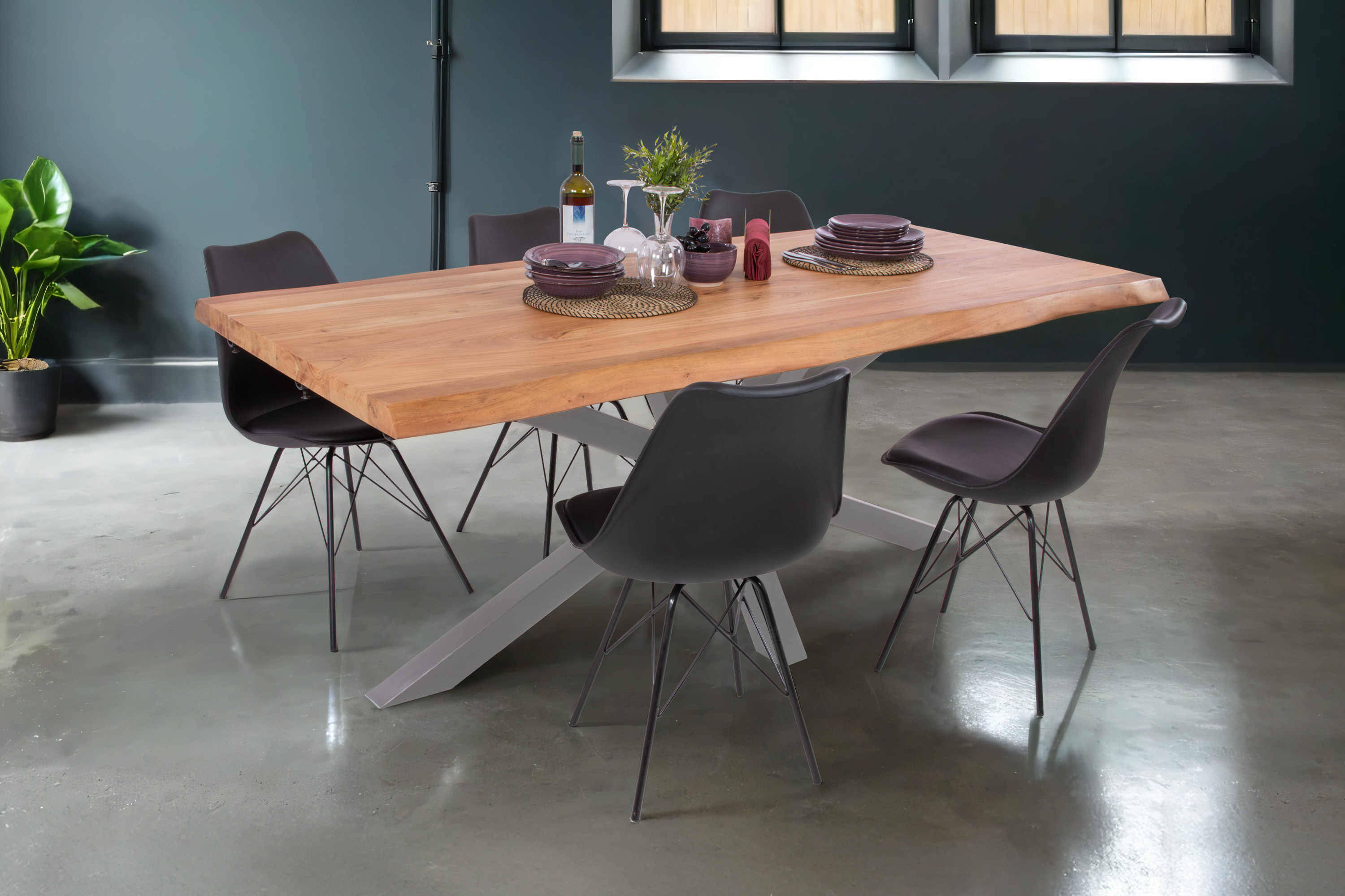 Esstisch Baumkante Akazie natur 160 (260) x 90 cm Spider-Gestell silber mit Ansteckplatten CALI